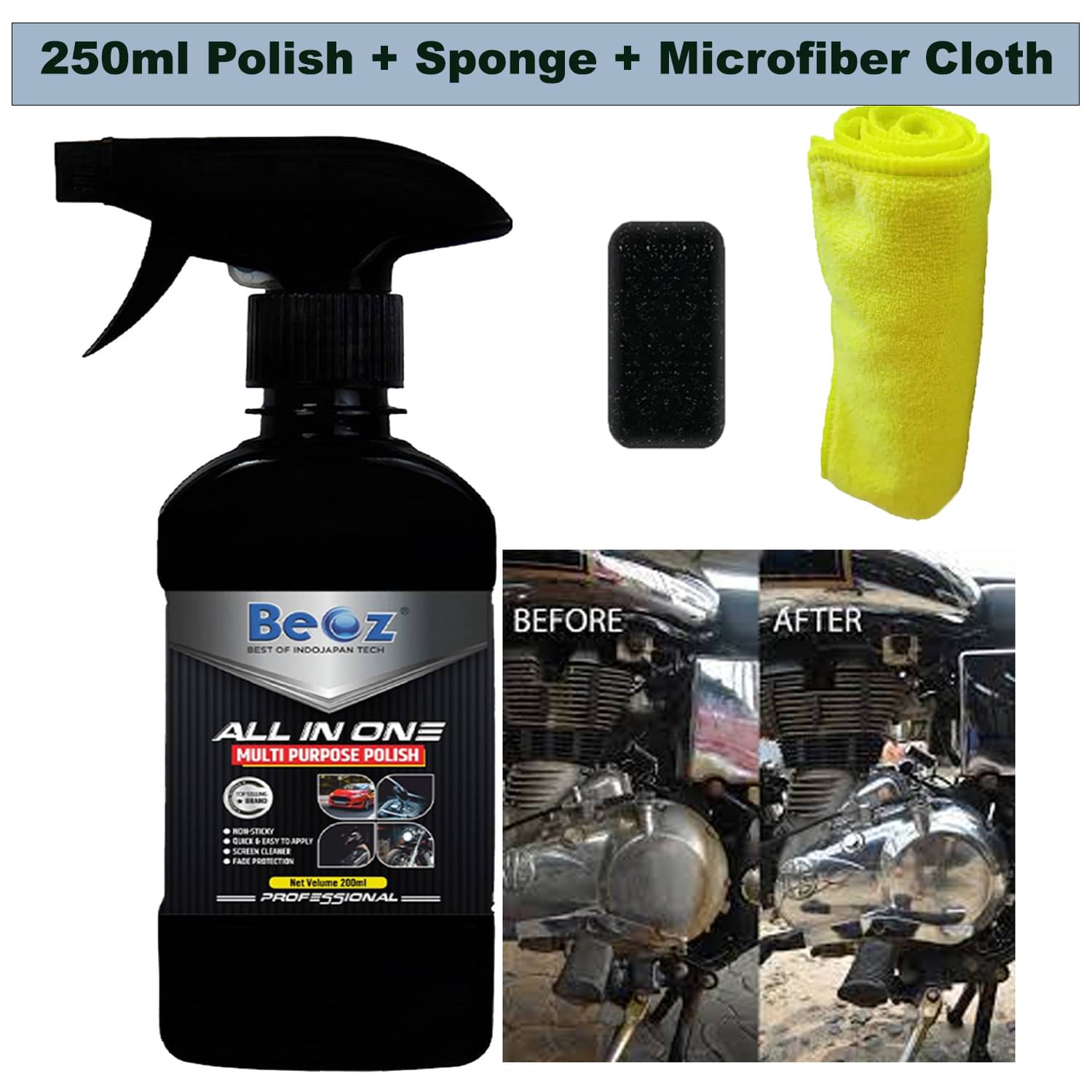     			BEOZ Bike Polish with microfiber and cleaning Sponge - 250 ml All In One Liquid Polish ,Car Polish , Dashboard Polish , Body Polish / Bike Polish , Interior Polish , High Gloss ,Long Lasting ,Spray Polish (250 ml)
