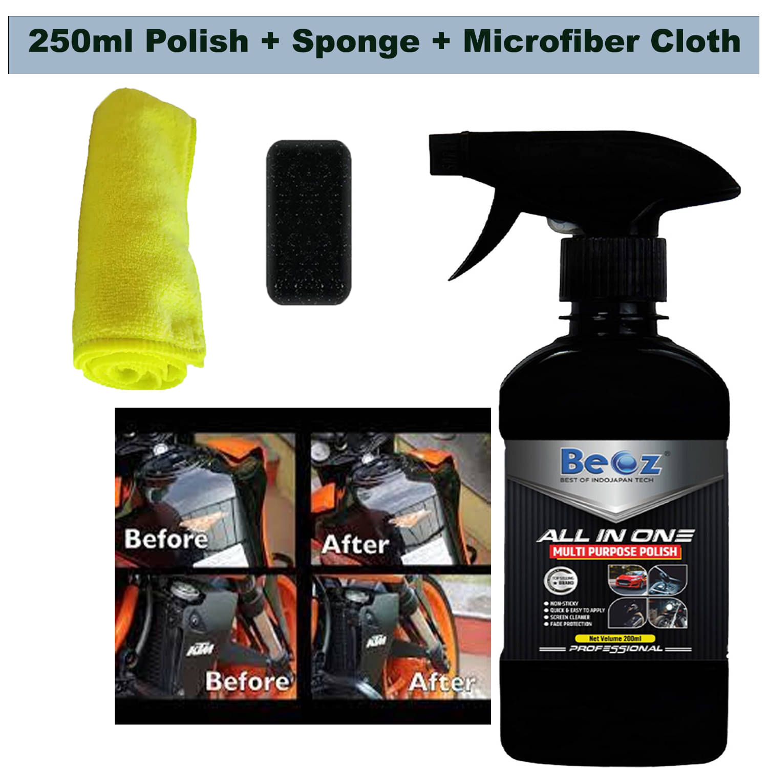     			BEOZ Bike Polish with microfiber and cleaning Sponge - 250 ml All In One Liquid Polish ,Car Polish , Dashboard Polish , Body Polish / Bike Polish , Interior Polish , High Gloss ,Long Lasting ,Spray Polish (250 ml)