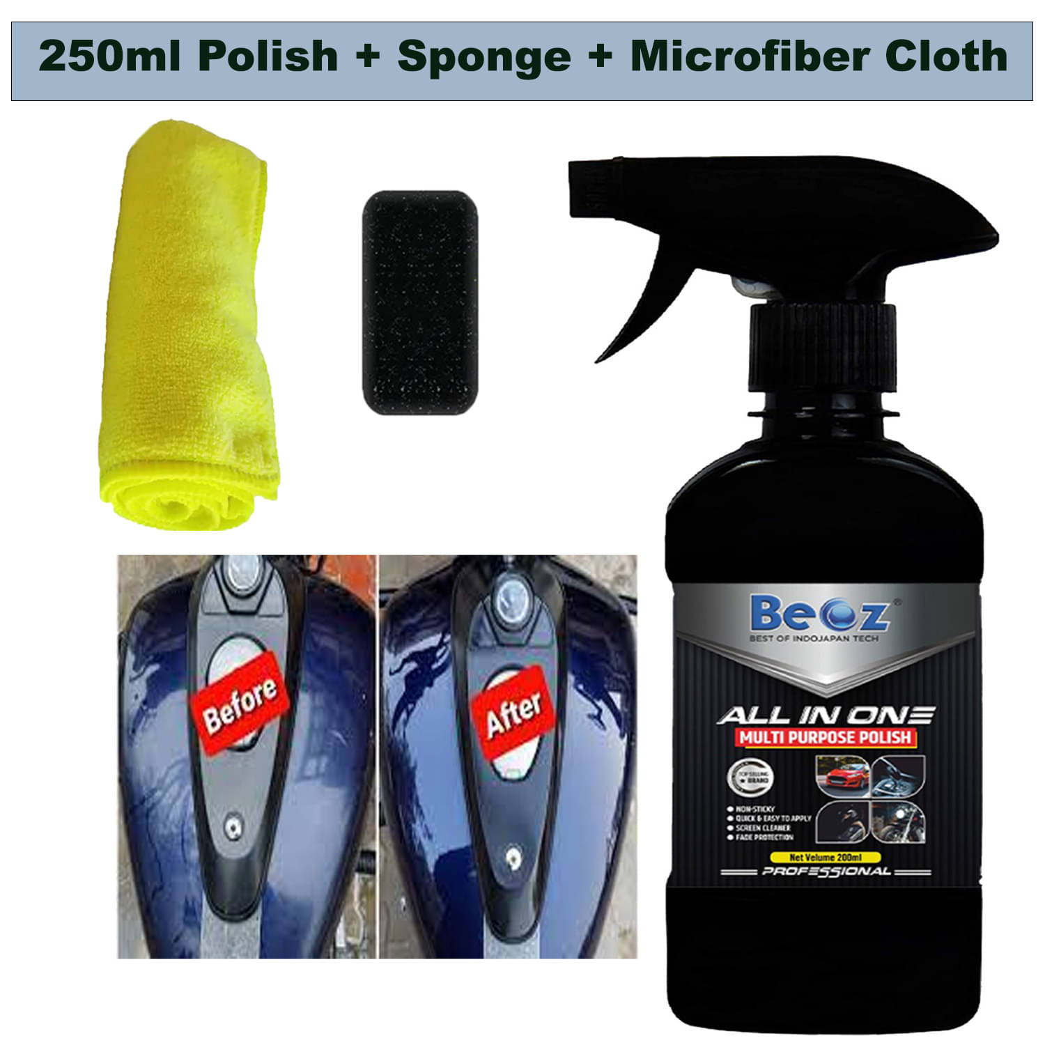     			BEOZ Bike Polish with microfiber and cleaning Sponge - 250 ml All In One Liquid Polish ,Car Polish , Dashboard Polish , Body Polish / Bike Polish , Interior Polish , High Gloss ,Long Lasting ,Spray Polish (250 ml)