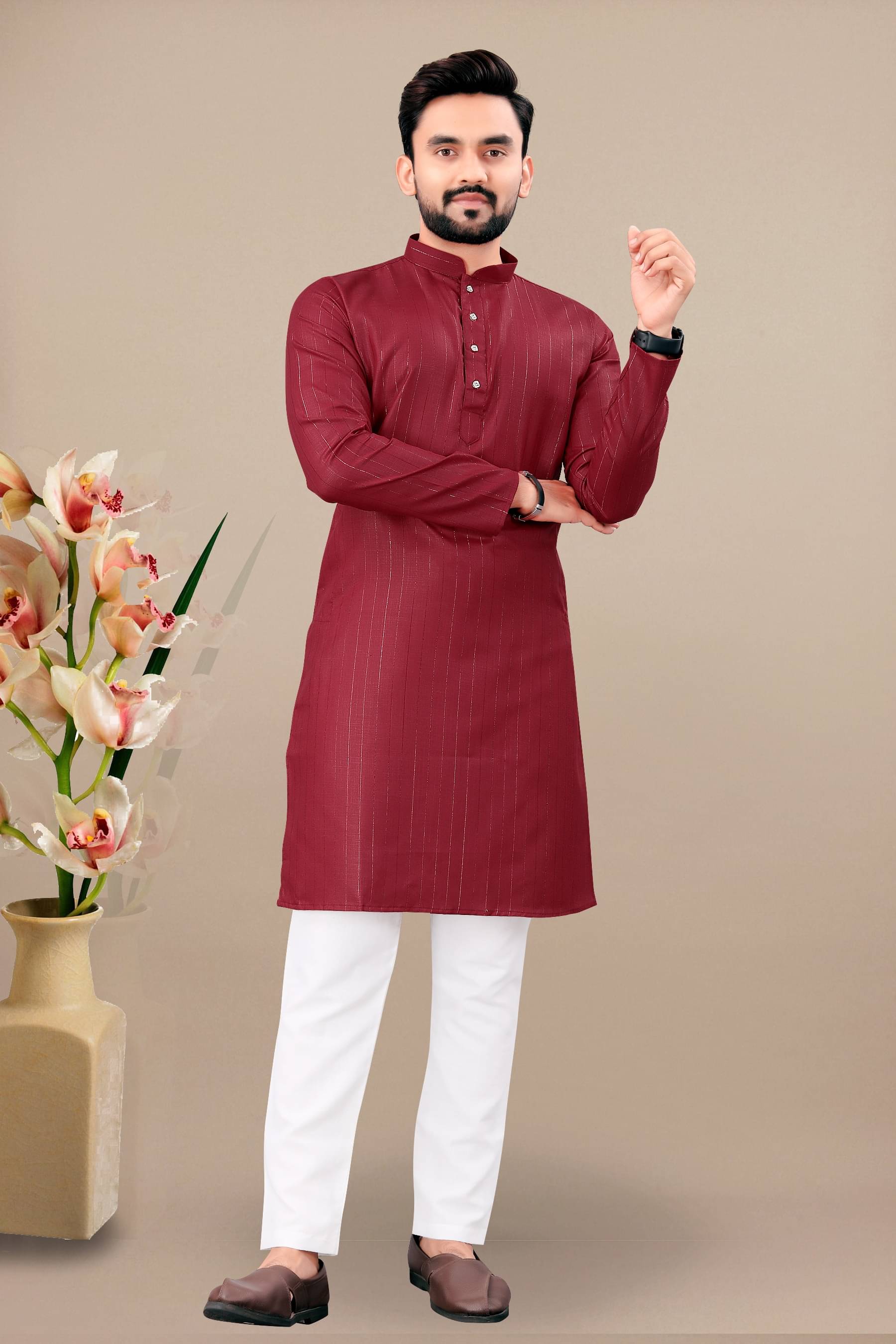 YUG ART Maroon Cotton Blend Regular Fit Men's Kurta Pyjama Set ( Pack of 1 )     			YUG ART Maroon Cotton Blend Regular Fit Men's Kurta Pyjama Set ( Pack of 1 )