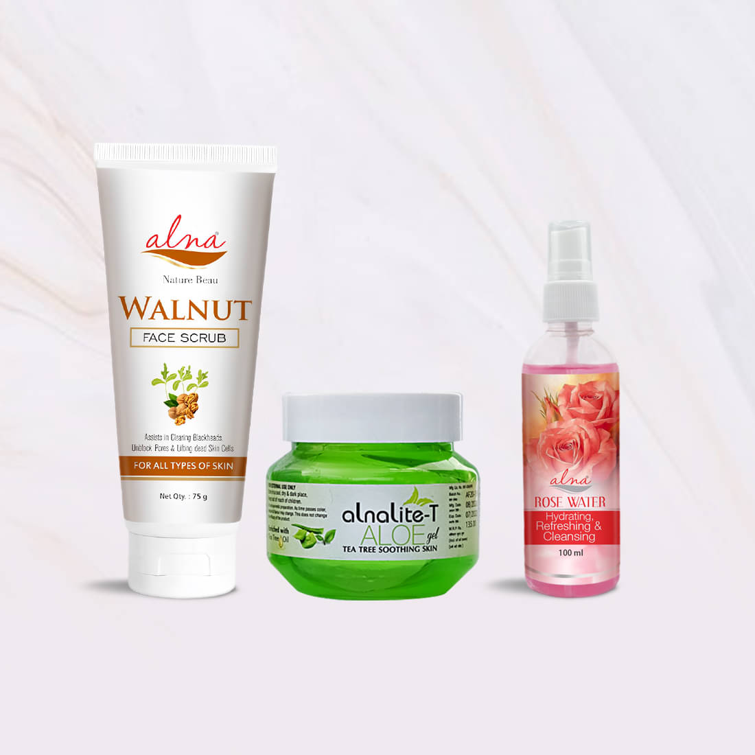     			Alna Walnut Face Scrub 75gm with Alnalite-T Aloe Gel 100gm & Rose Water 100ml , Pack of 3