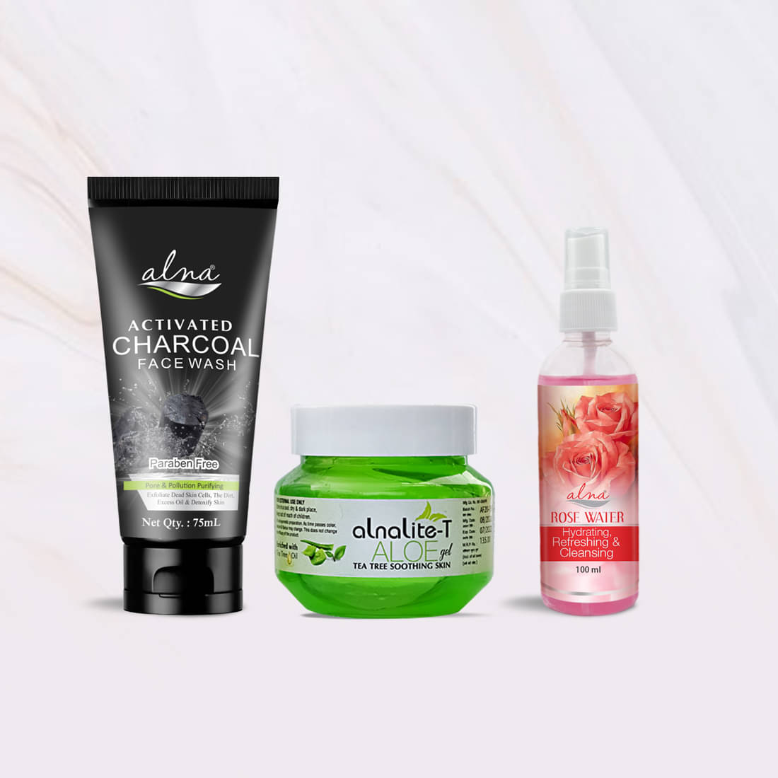     			Alna Charcoal Face Wash 75ml with Alnalite-T Aloe Gel 100gm & Rose Water 100ml , Pack of 3