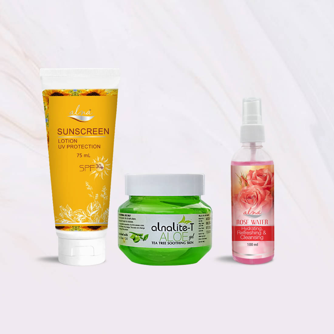     			Alna Sunscreen Lotion SPF 30+ 75ml with Alnalite-T Aloe Gel 100gm & Rose Water 100ml , Pack of 3