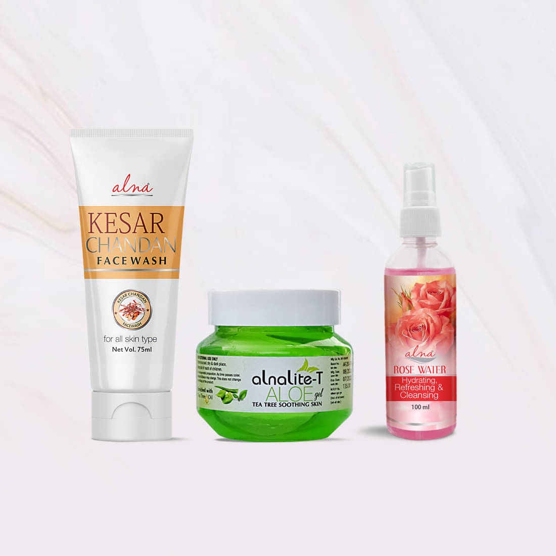     			Alna Kesar Chandan Face Wash 75ml with Alnalite-T Aloe Gel 100gm & Rose Water 100ml , Pack of 3