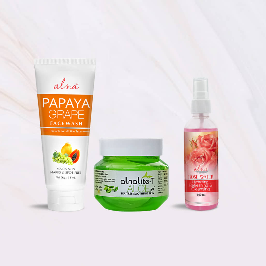 Alna Papaya Grape Face Wash75ml with Alnalite-T Aloe Gel 100gm & Rose Water 100ml , Pack of 3