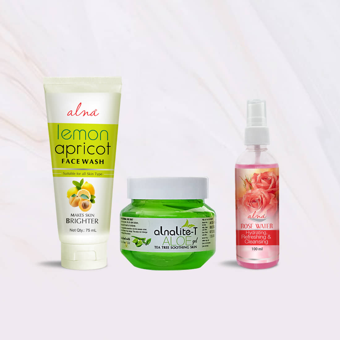 Alna Lemon Apricot Face Wash 75ml with Alnalite-T Aloe Gel 100gm & Rose Water 100ml , Pack of 3