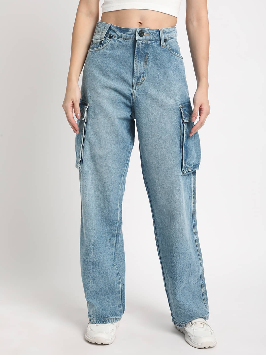     			Women Blue Relaxed Fit Solid Mid Shade Denim Cargo Jeans