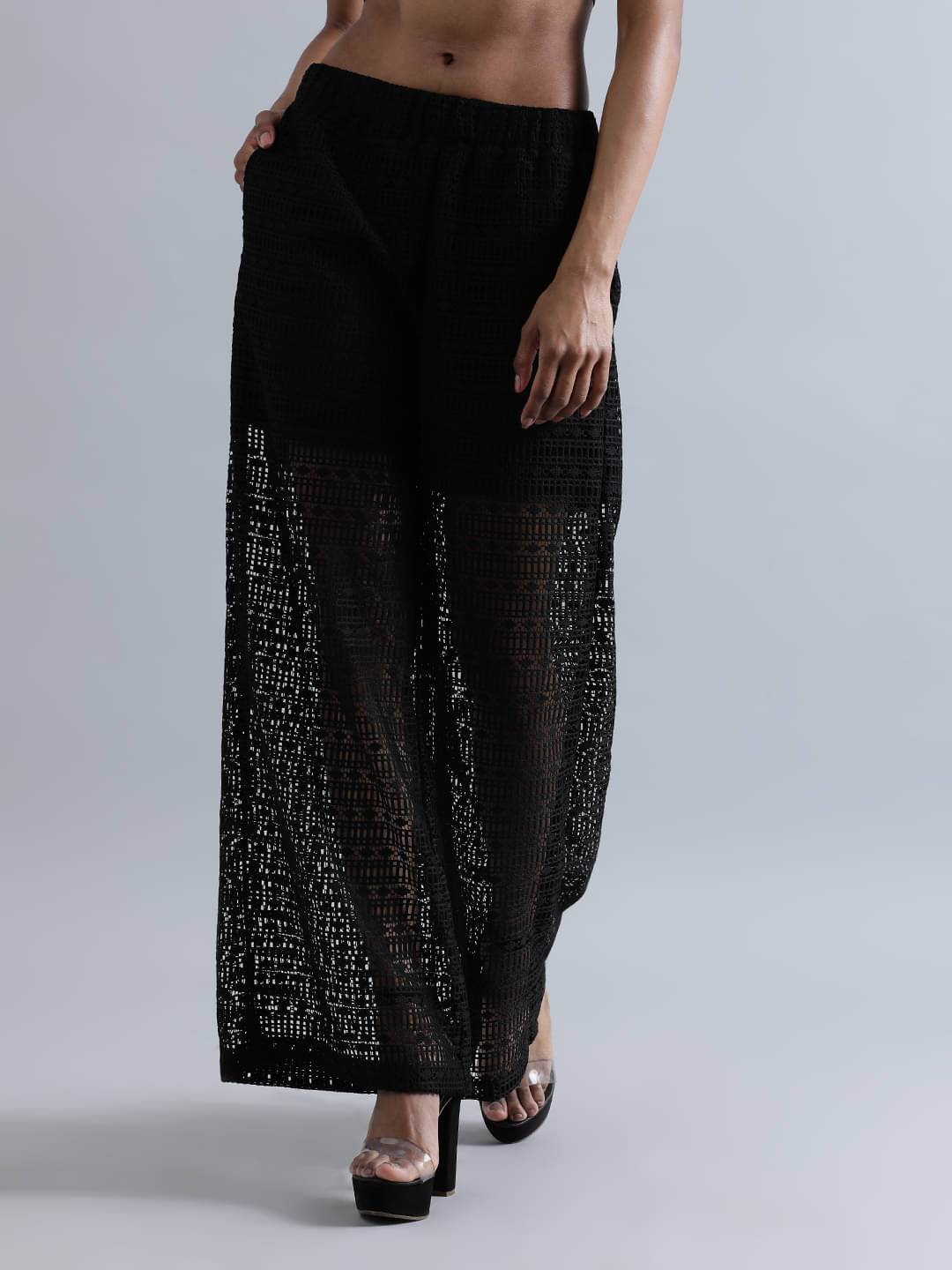     			Bene Kleed Women Lace Wide Leg Semi-Sheer Parallel Trousers