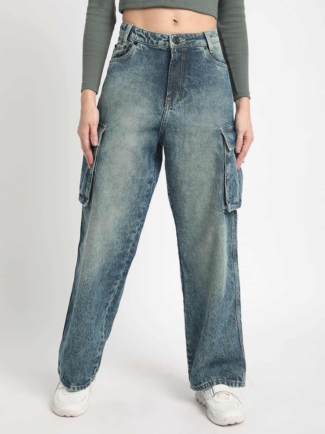     			Women Dark Blue Relaxed Fit Dark Shade Denim Cargo Jeans