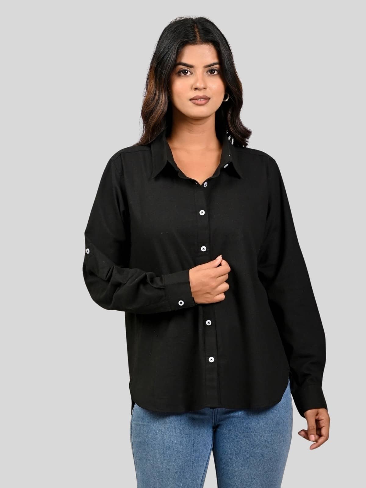 QuaClo Women Solid Cotton Blend Shirt ( Black )