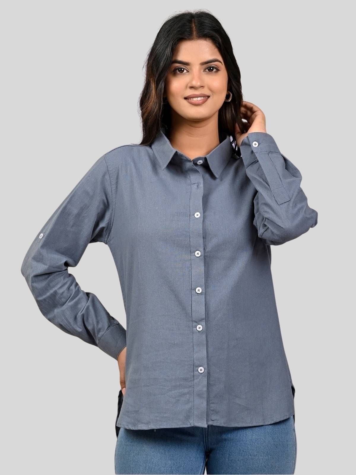     			QuaClo Women Solid Cotton Blend Shirt ( Grey )
