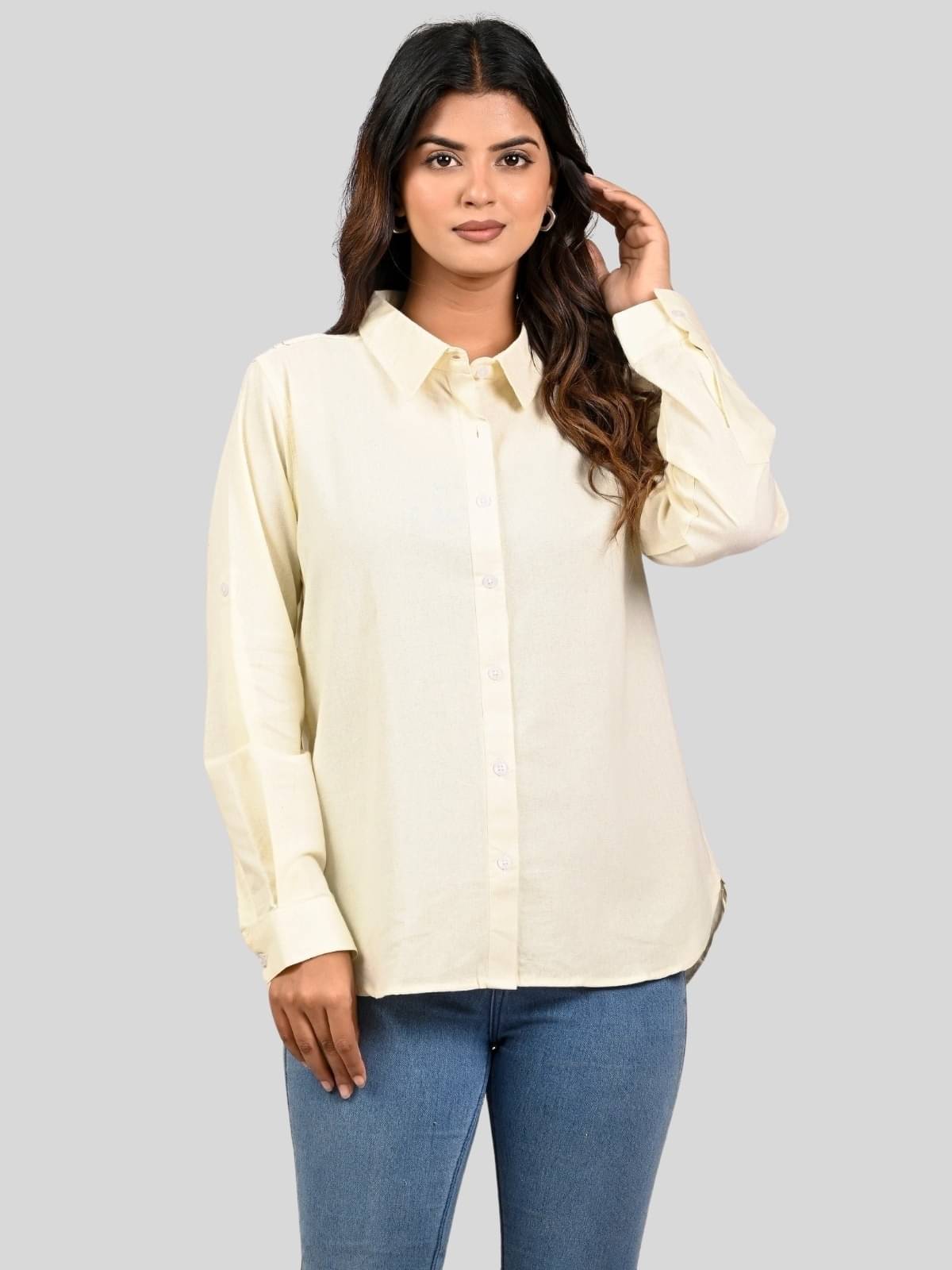 QuaClo Women Solid Cotton Blend Shirt ( Off White ) QuaClo Women Solid Cotton Blend Shirt ( Off White )
