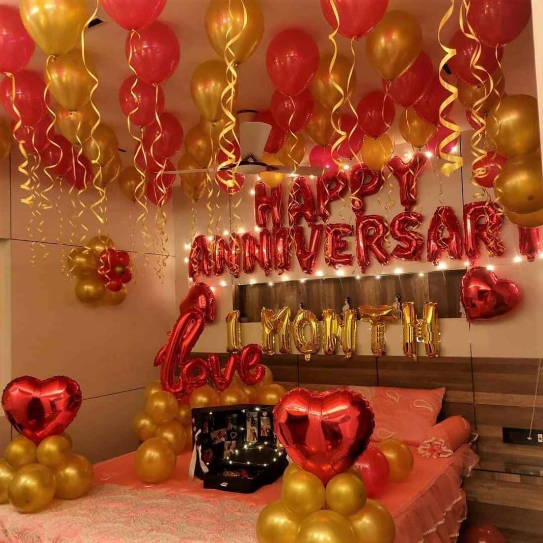     			Roll over image to zoom in PartyBooms Happy Anniversary Red Foil Decoration, love Red Foil & 1 Month Gold Foil 4 Red Heart Foil Balloon, 25 Red, Gold (Each) Metalic Balloons (Pack of 57)