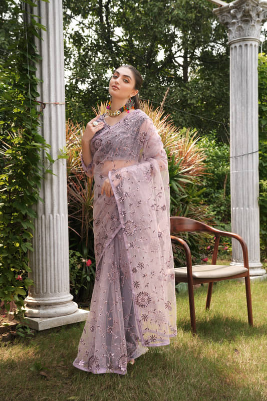     			Sitanjali Net Embellished Saree With Unstitched Blouse Piece ( Pink )