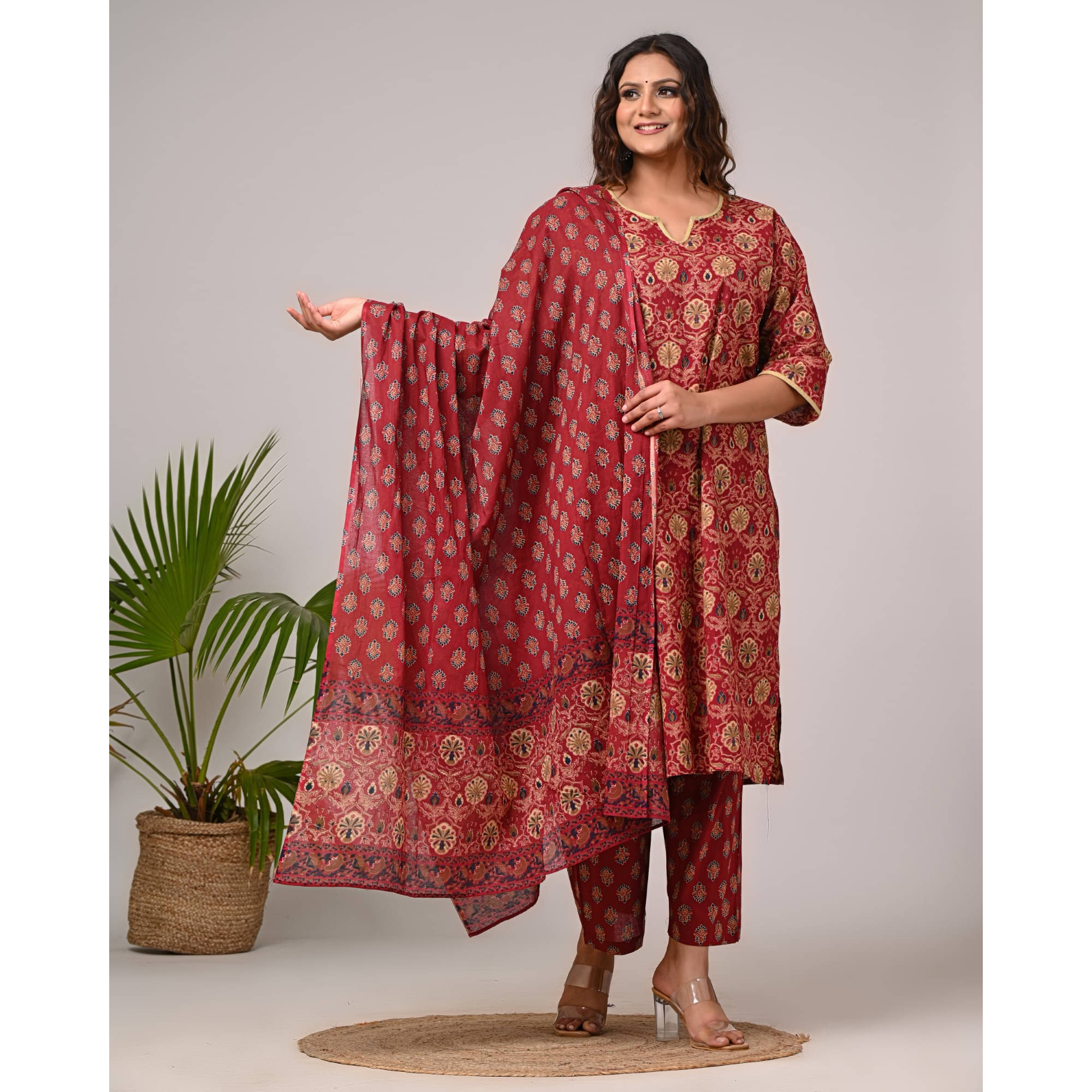     			Swasti Cotton Printed Kurti With Palazzo Women's Stitched Salwar Suit - Maroon ( Pack of 1 )