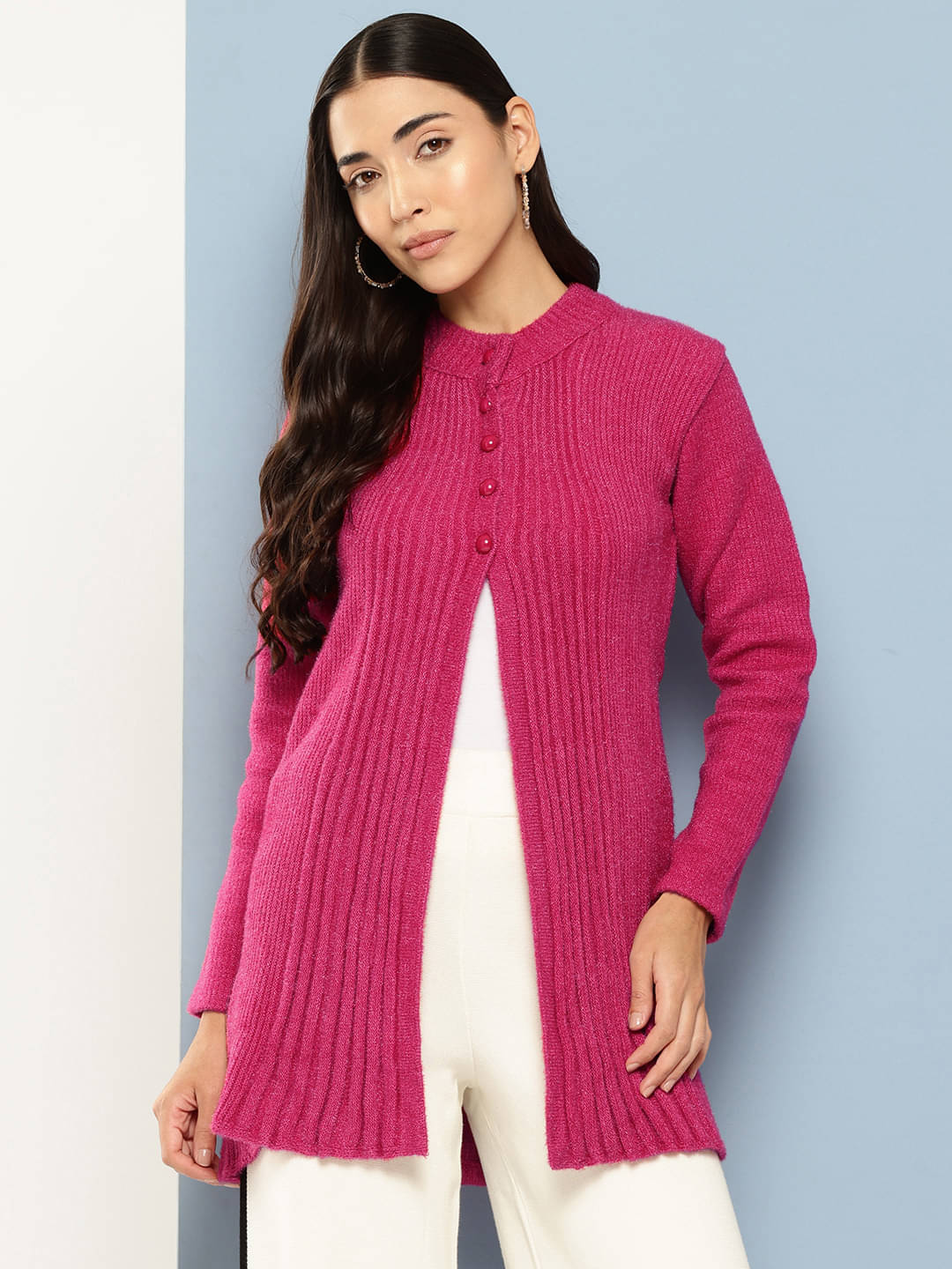 Aarika Woollen Chinese/Mandarin Collar Women's Cardigans Dress - Pink ( Single ) Aarika Woollen Chinese/Mandarin Collar Women's Cardigans Dress - Pink ( Single )