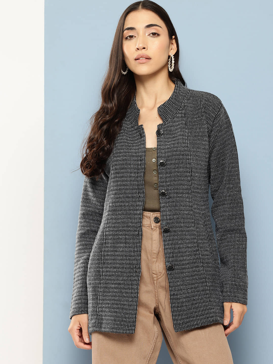 Aarika Women Woollen Mandarin Collar Cardigan ( Black )