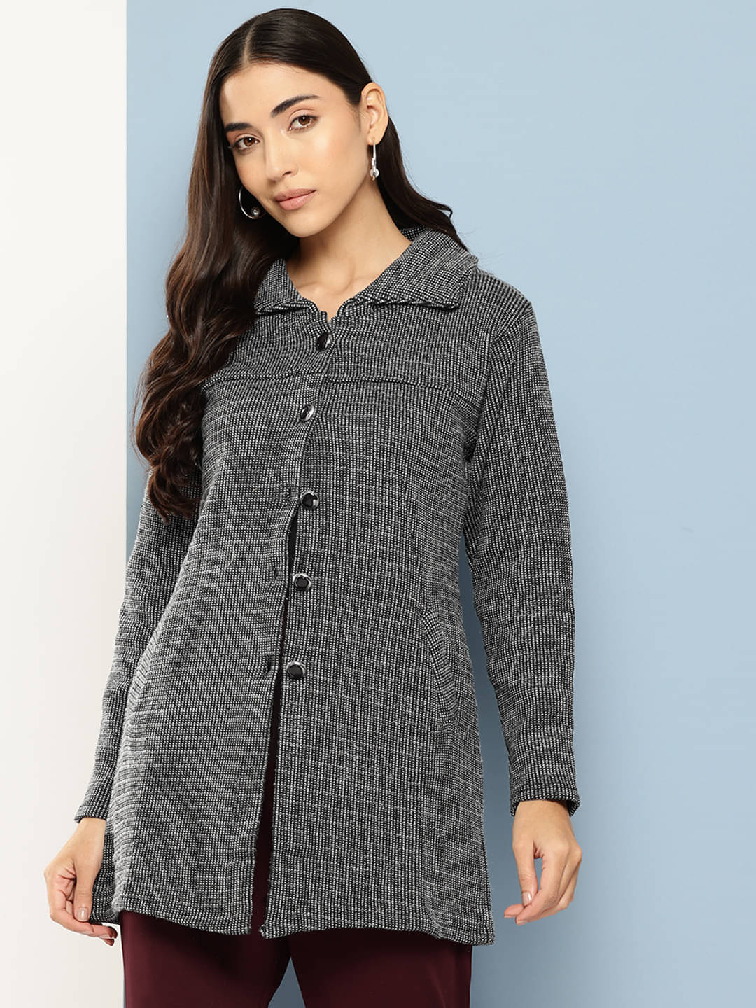 Aarika Women Woollen Shirt Collar Cardigan ( Black ) Aarika Women Woollen Shirt Collar Cardigan ( Black )