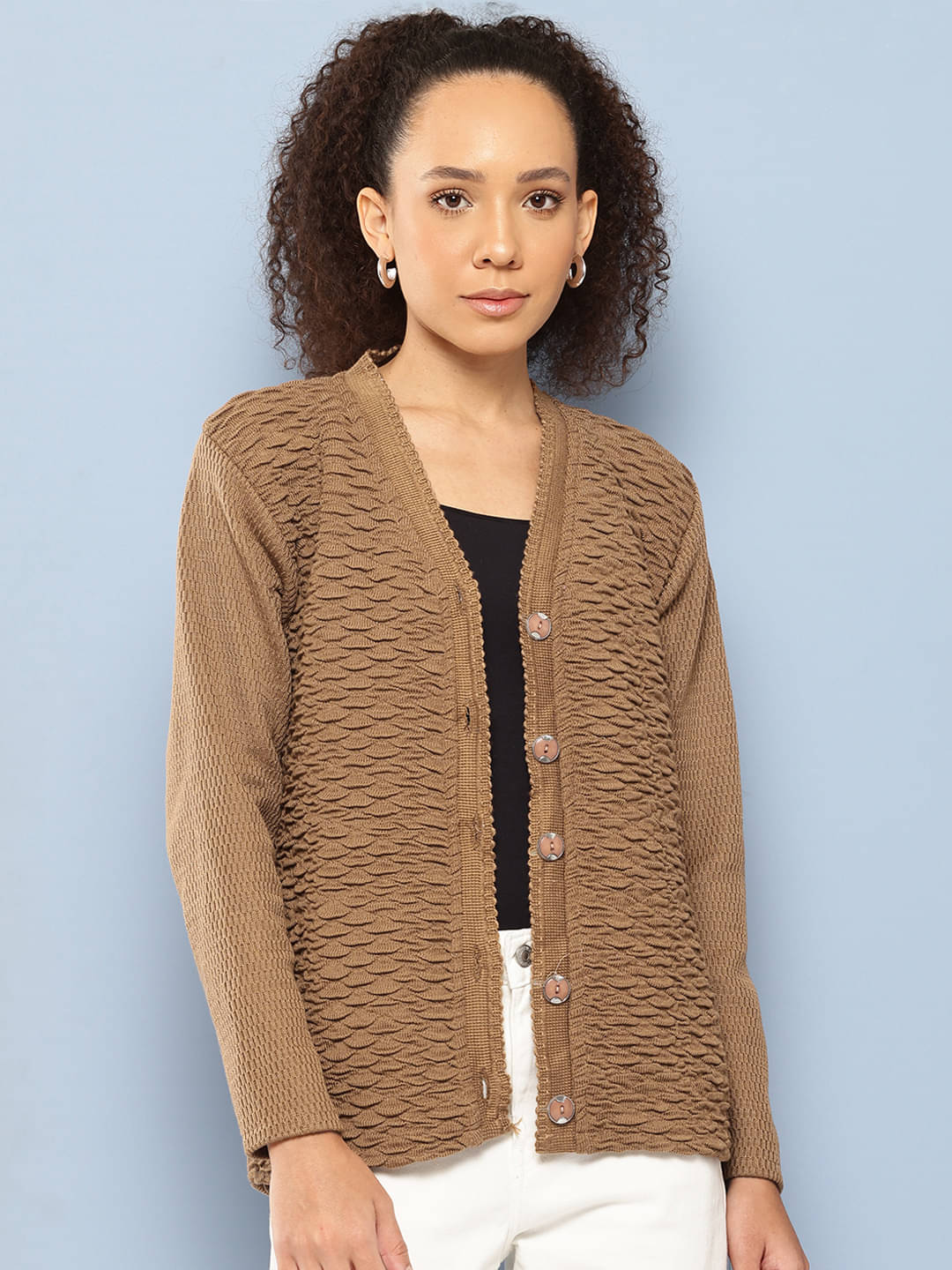     			Aarika Woollen V Neck Women's Buttoned Cardigans - Brown ( Single )