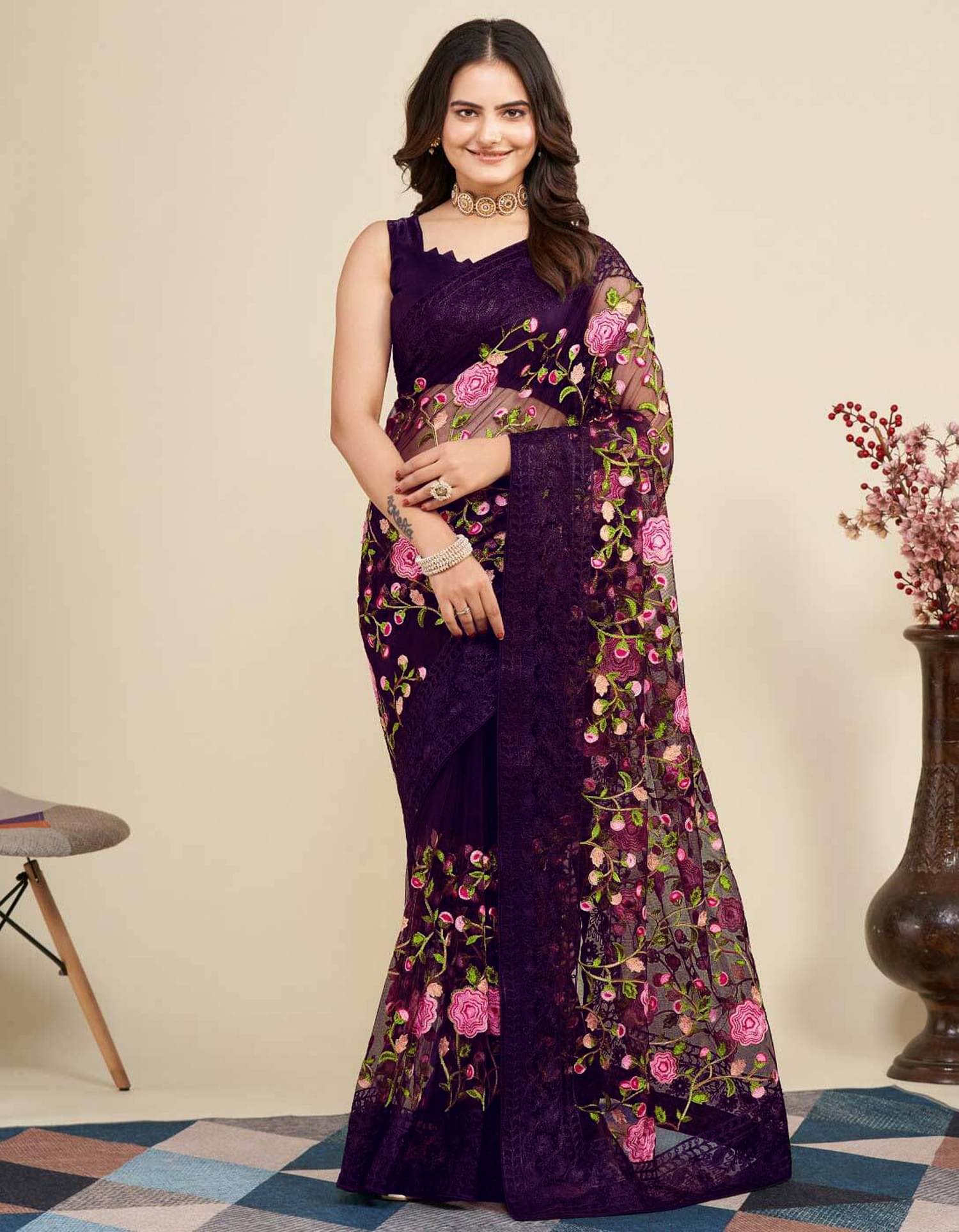 Aika Net Embroidered Saree With Unstitched Blouse Piece ( Wine ) Aika Net Embroidered Saree With Unstitched Blouse Piece ( Wine )
