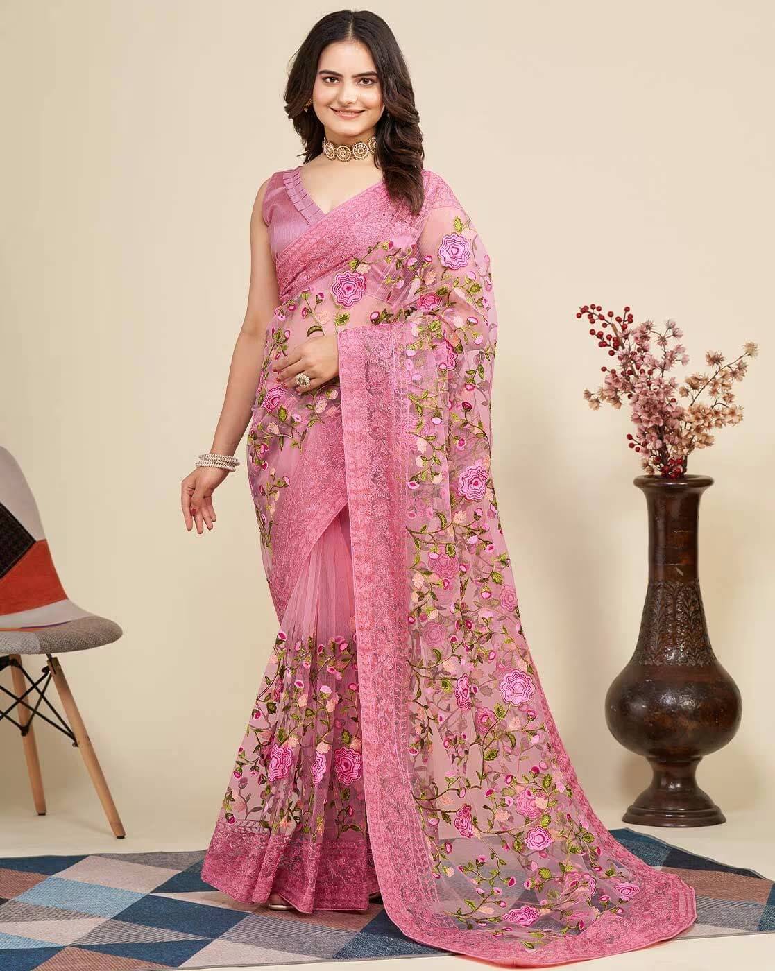    			Aika Net Embroidered Saree With Unstitched Blouse Piece ( Peach )