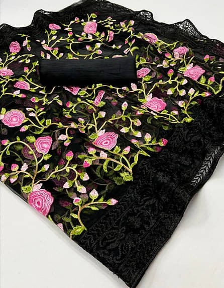     			Aika Net Embroidered Saree With Unstitched Blouse Piece ( Black )