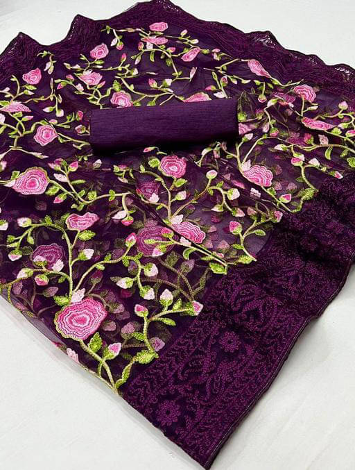 Aika Net Embroidered Saree With Unstitched Blouse Piece ( Wine ) Aika Net Embroidered Saree With Unstitched Blouse Piece ( Wine )