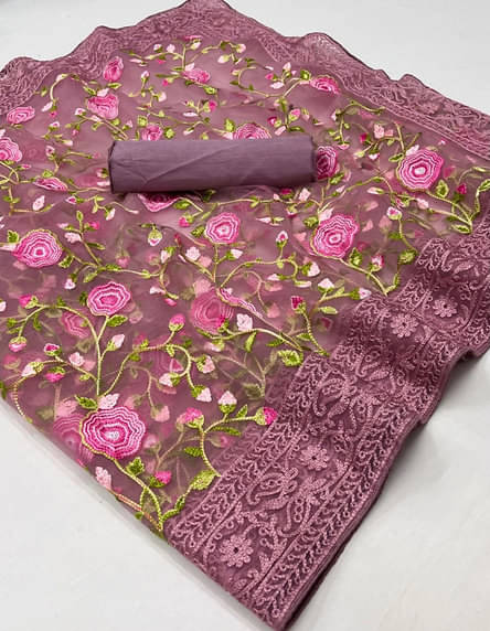 Aika Net Embroidered Saree With Unstitched Blouse Piece ( Peach ) Aika Net Embroidered Saree With Unstitched Blouse Piece ( Peach )