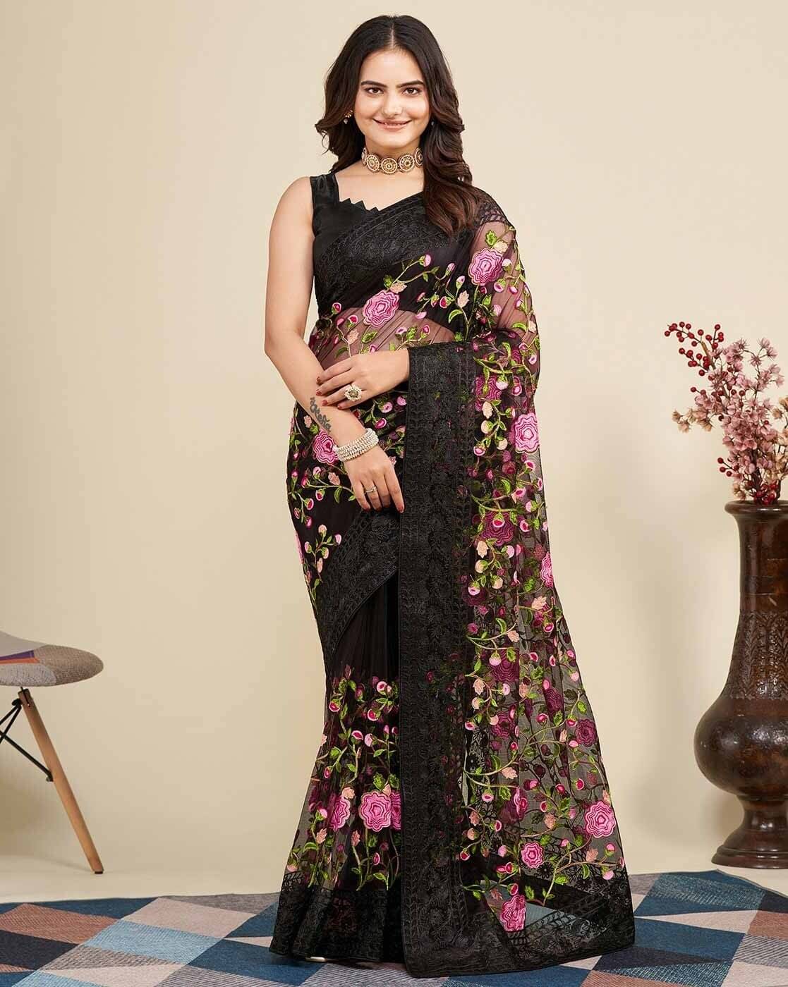 Apnisha Net Embroidered Saree With Unstitched Blouse Piece ( Black ) Apnisha Net Embroidered Saree With Unstitched Blouse Piece ( Black )