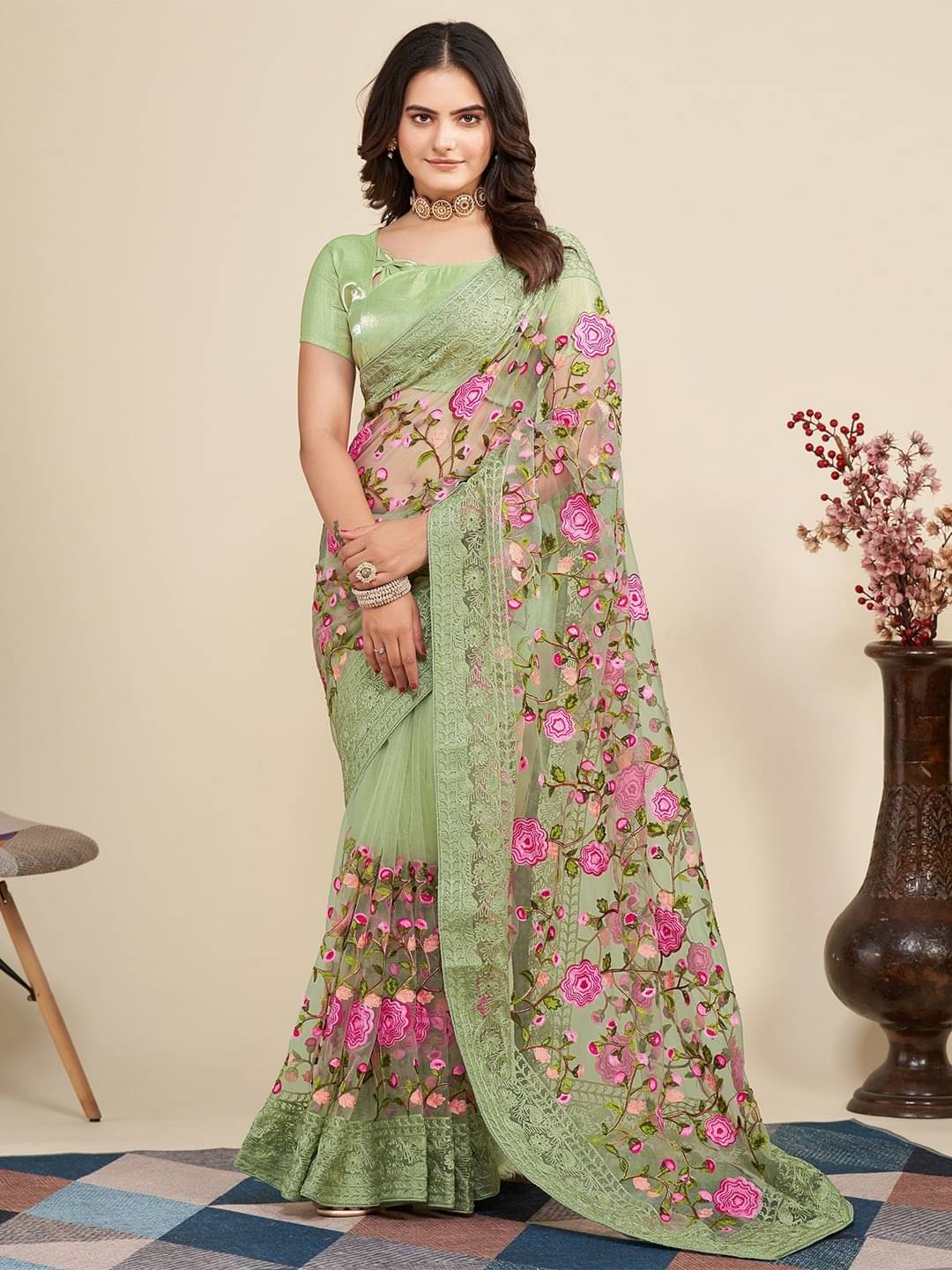     			Apnisha Net Embroidered Saree With Unstitched Blouse Piece ( LightGreen )