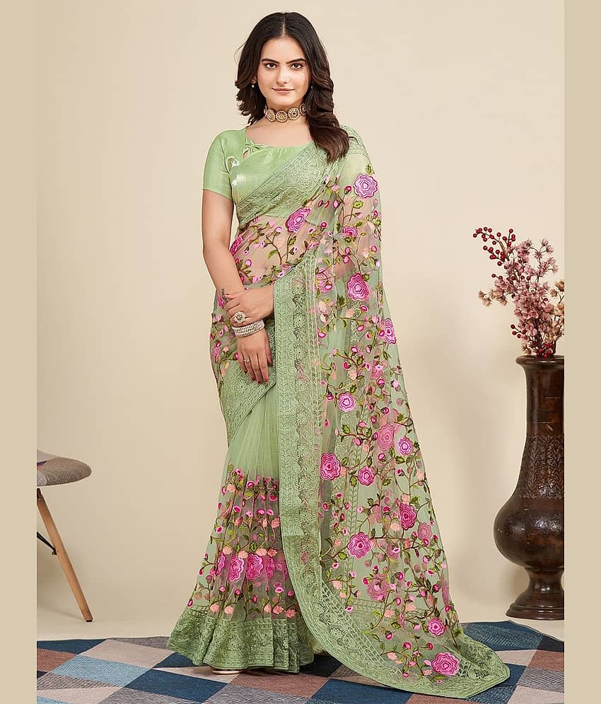 Apnisha Net Embroidered Saree With Unstitched Blouse Piece ( LightGreen ) - Sarees | Buy online on ZillyBuy
