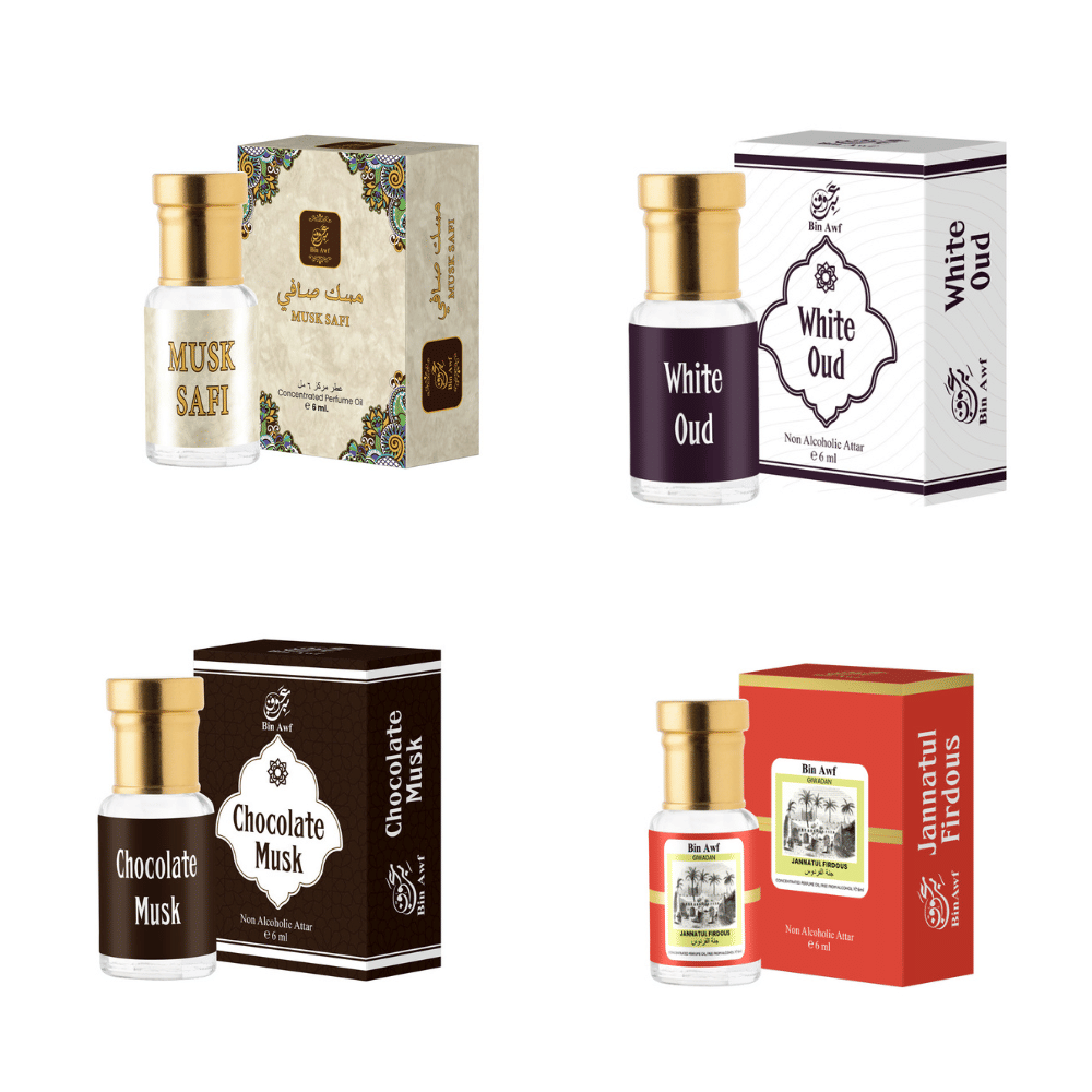     			Binawf Musk Non- Alcoholic Below 50ml Attar ( Pack of 4 )