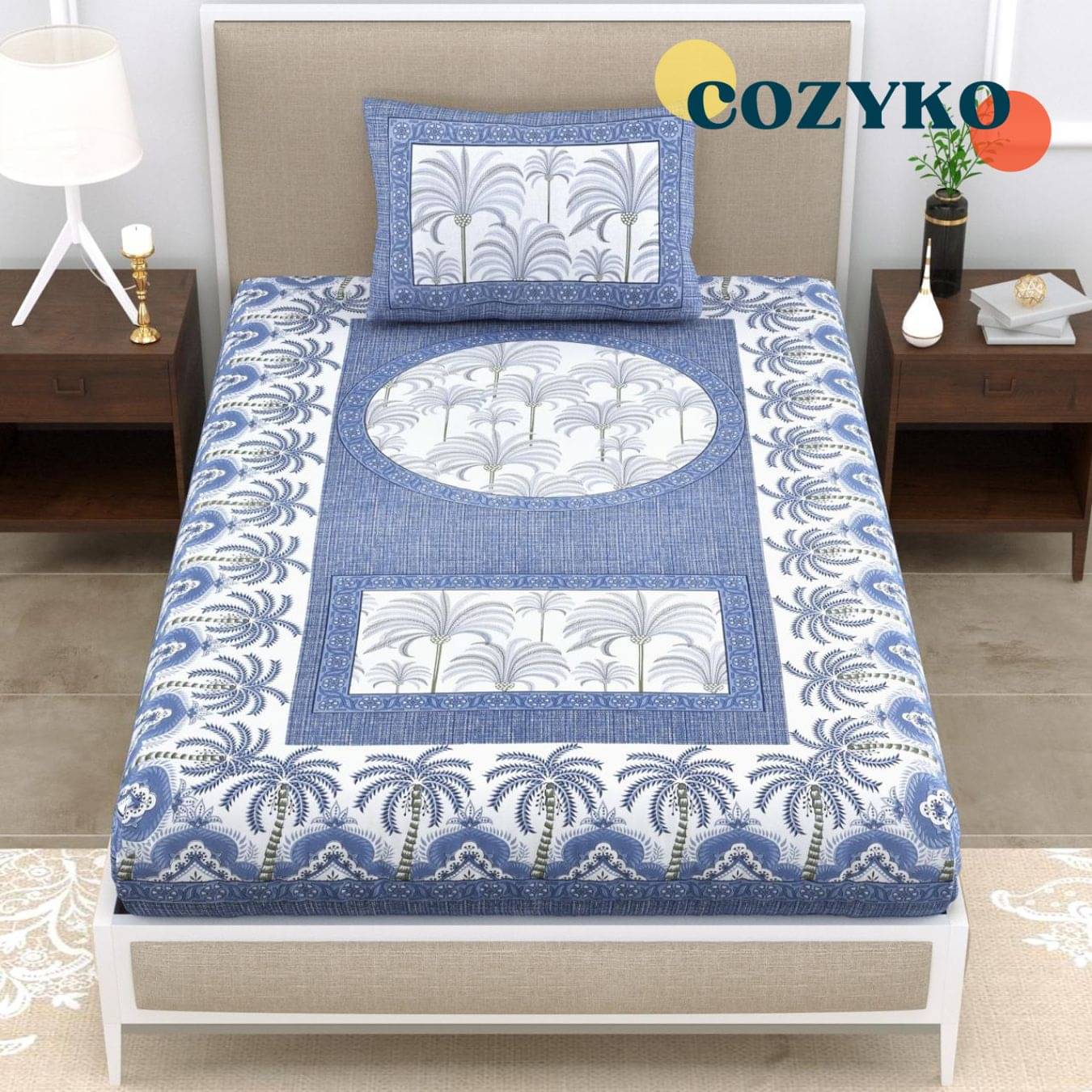     			COZYKO Cotton 1 Single Bedsheet with 1 Pillow Cover ( Blue )