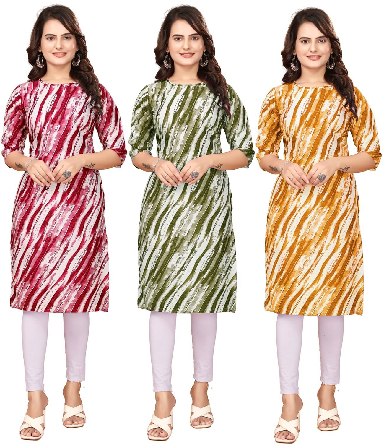     			DESIGNER DREAM Pack of 3 Crepe Printed Straight Women's Kurti - ( Red,Green,Yellow )
