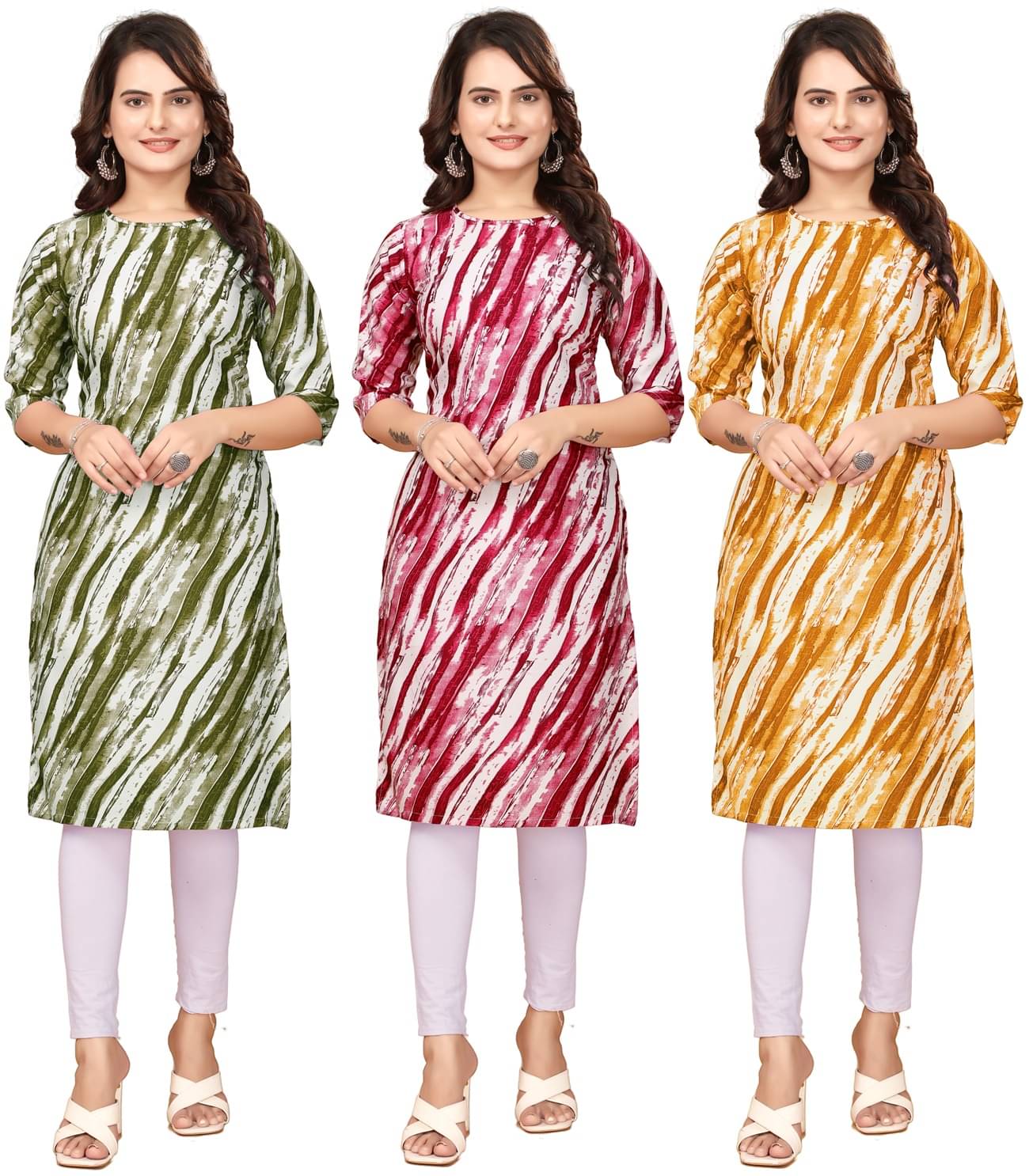    			DESIGNER DREAM Pack of 3 Crepe Printed Straight Women's Kurti - ( Green,Red,Yellow )