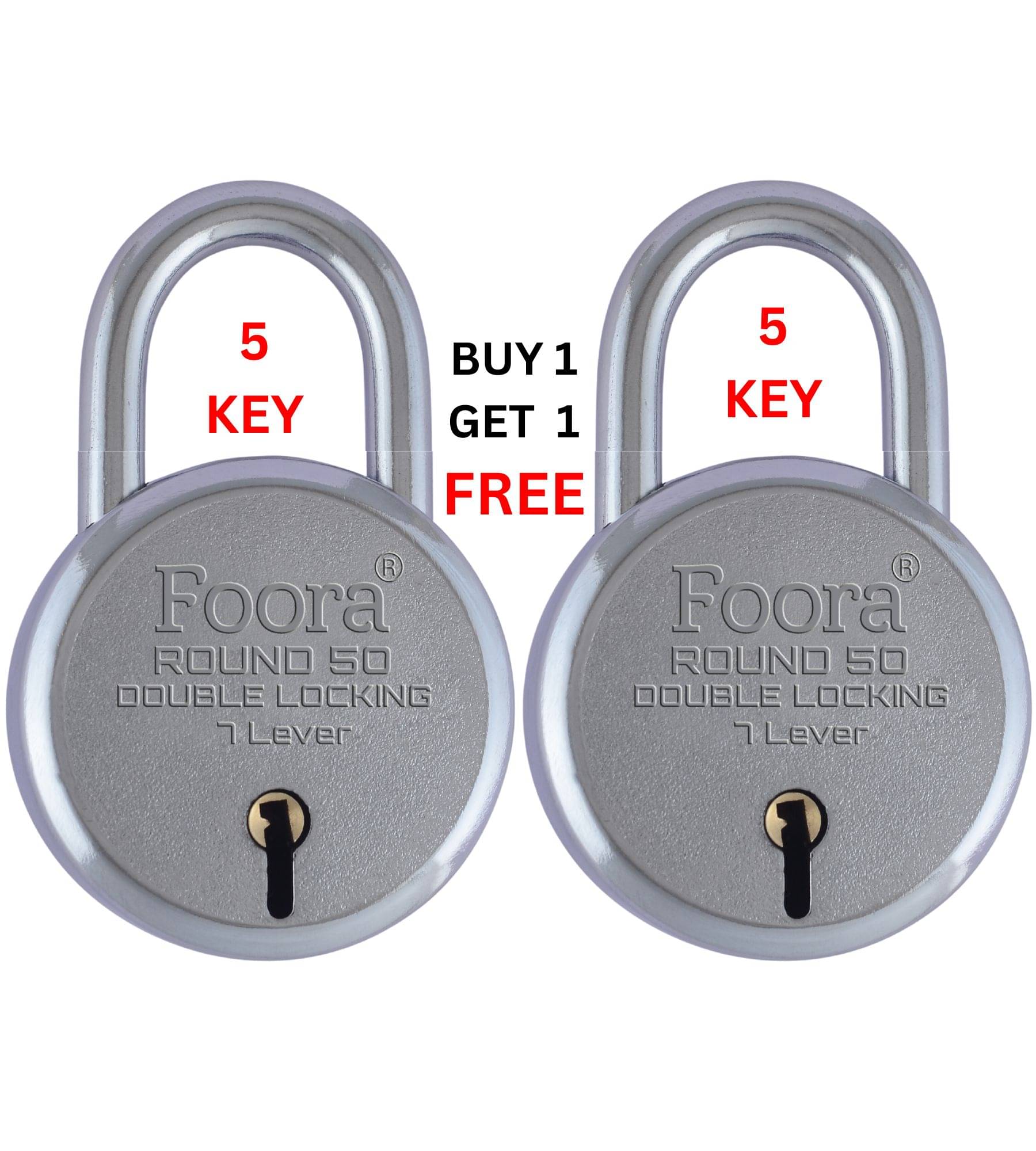 Foora Round 50mm Lock with 5 Keys, Double Locking, 7 Lever Small Padlock – Ideal for Home, Gate, and Door Security Pack of 2     			Foora Round 50mm Lock with 5 Keys, Double Locking, 7 Lever Small Padlock – Ideal for Home, Gate, and Door Security Pack of 2