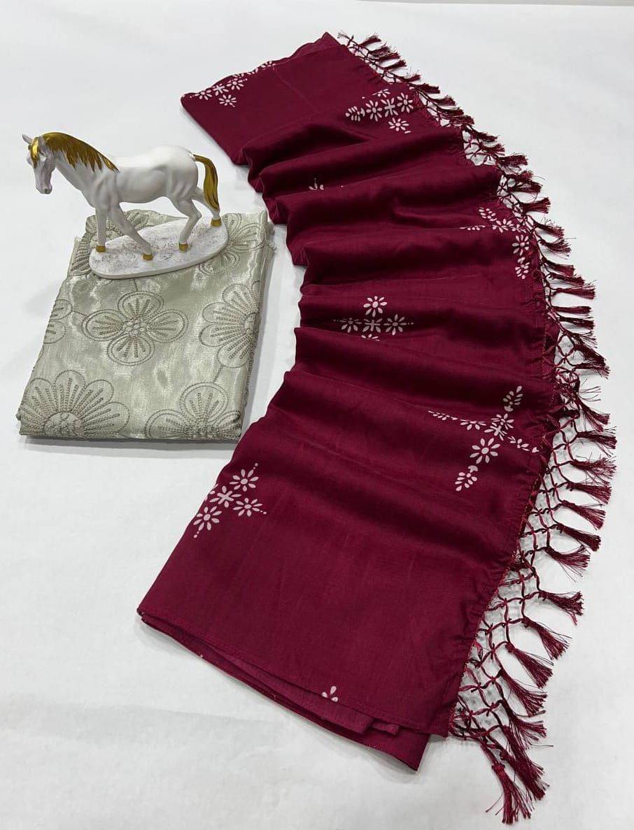     			JINAL & JINAL Cotton Silk Printed Saree With Unstitched Blouse Piece ( Rani )