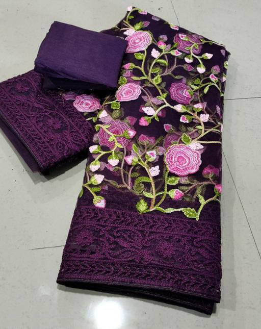 JULEE Net Embroidered Saree With Unstitched Blouse Piece ( Wine ) JULEE Net Embroidered Saree With Unstitched Blouse Piece ( Wine )