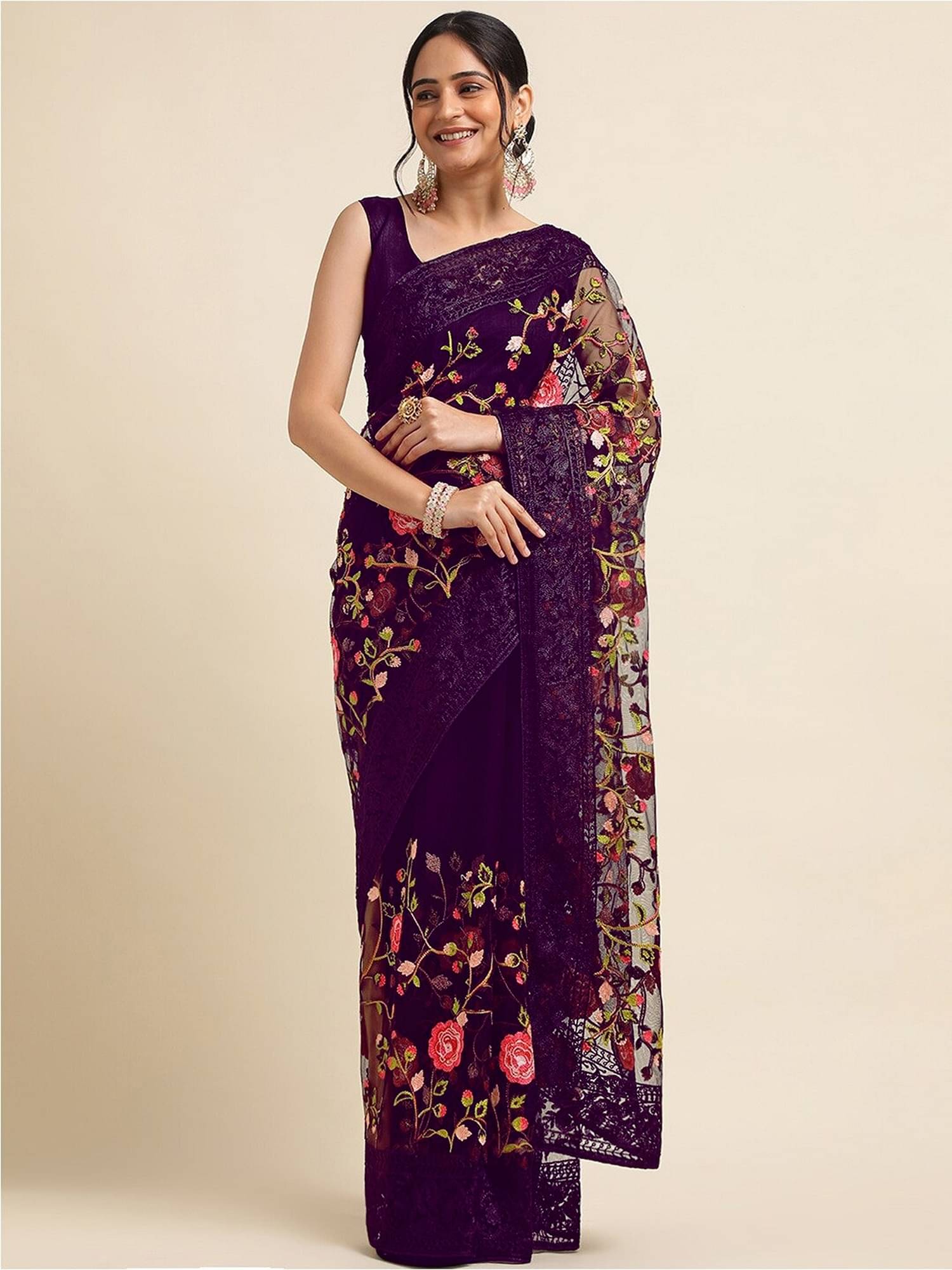 JULEE Net Embroidered Saree With Unstitched Blouse Piece ( Wine ) JULEE Net Embroidered Saree With Unstitched Blouse Piece ( Wine )