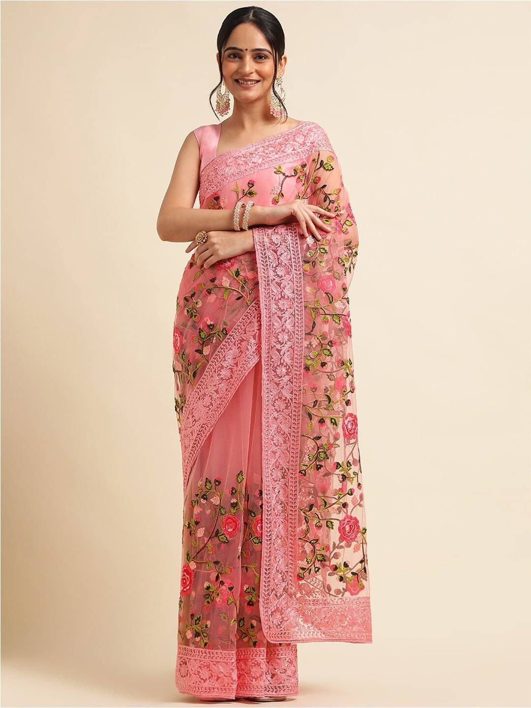JULEE Net Embroidered Saree With Unstitched Blouse Piece ( Peach ) JULEE Net Embroidered Saree With Unstitched Blouse Piece ( Peach )