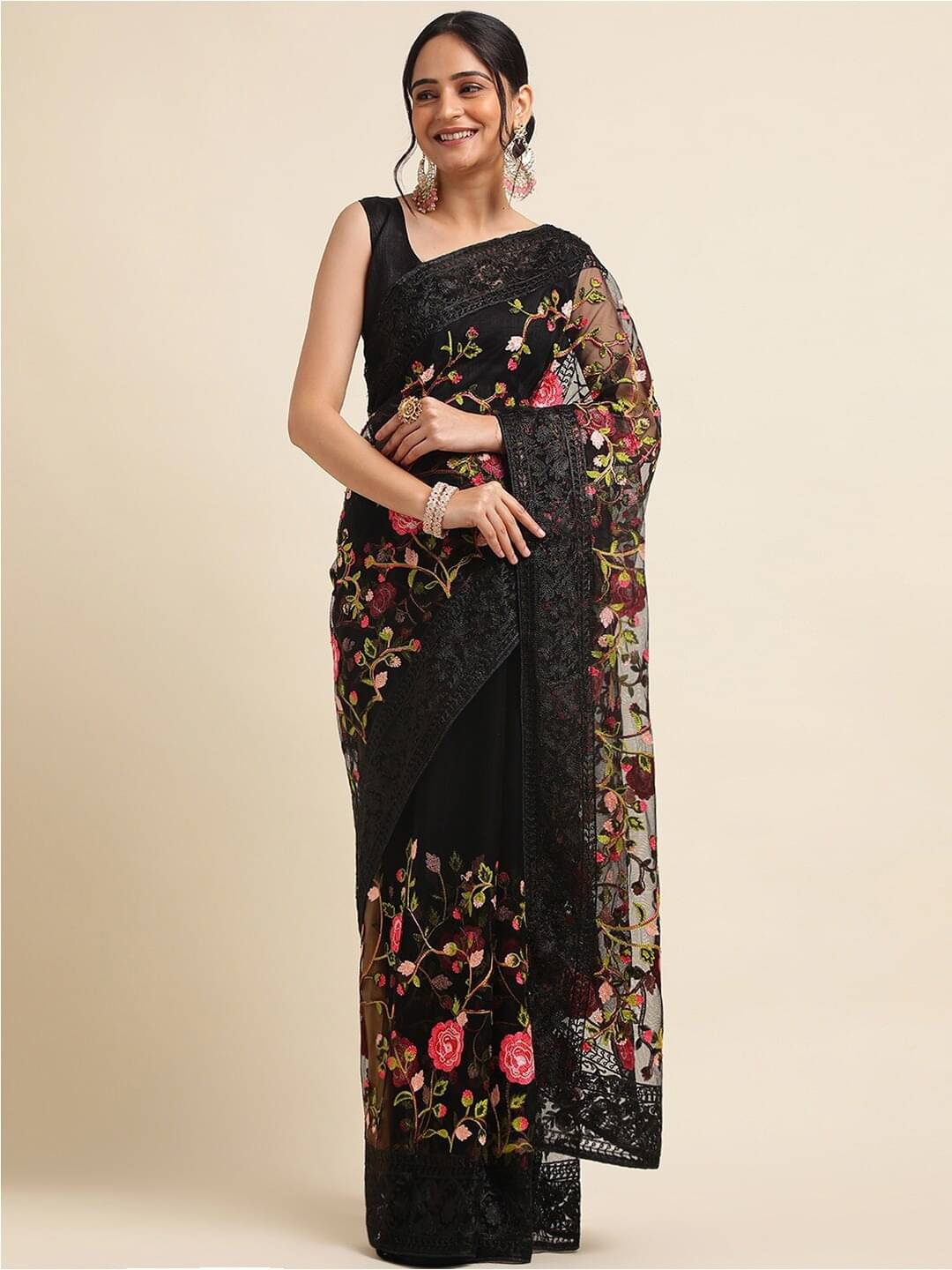 JULEE Net Embroidered Saree With Unstitched Blouse Piece ( Black ) JULEE Net Embroidered Saree With Unstitched Blouse Piece ( Black )