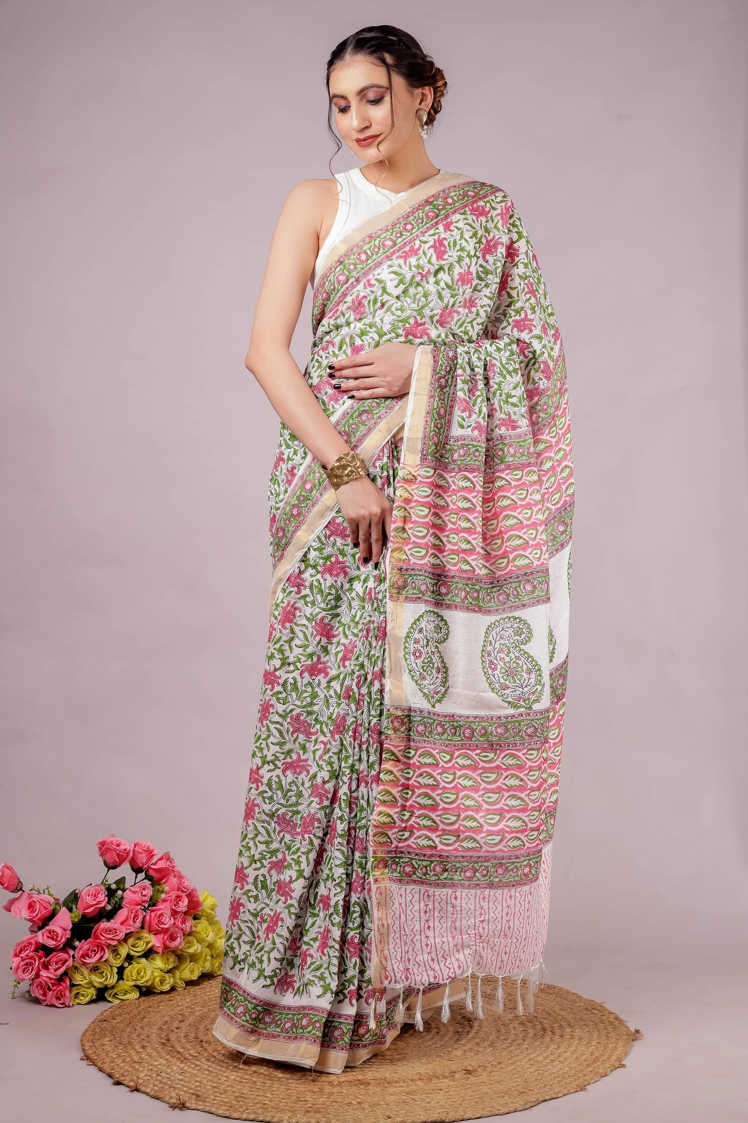     			NOITAERCPR Cotton Printed Saree With Unstitched Blouse Piece ( Beige )