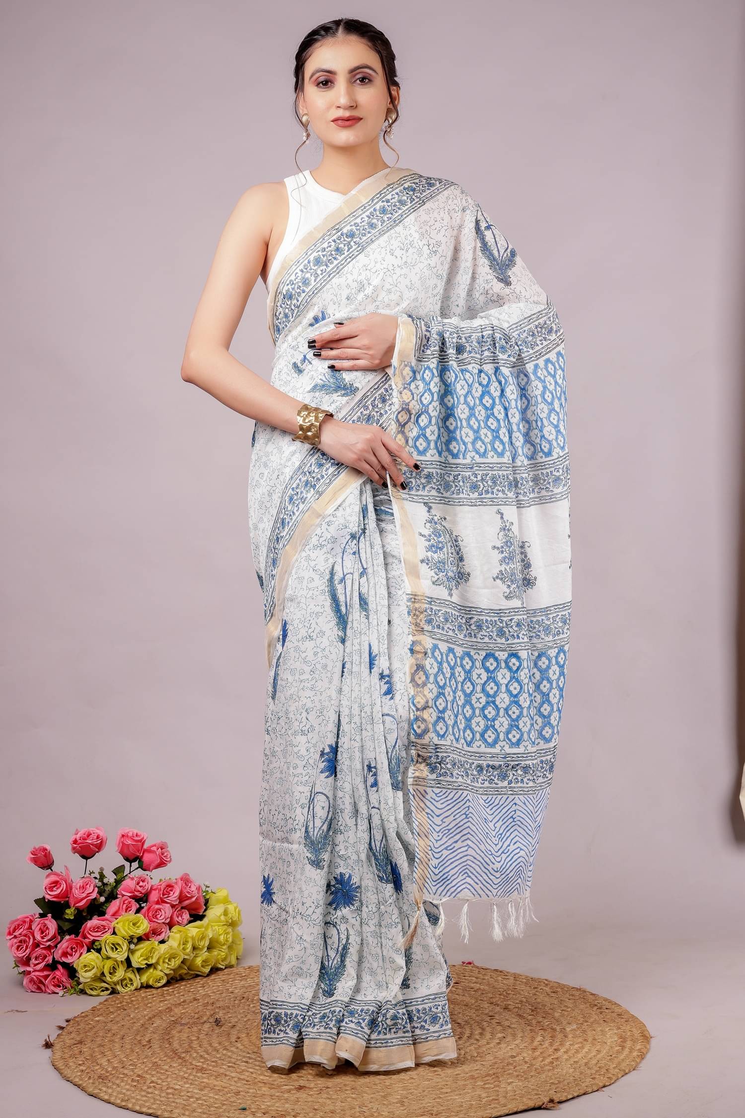     			NOITAERCPR Cotton Printed Saree With Unstitched Blouse Piece ( SkyBlue )