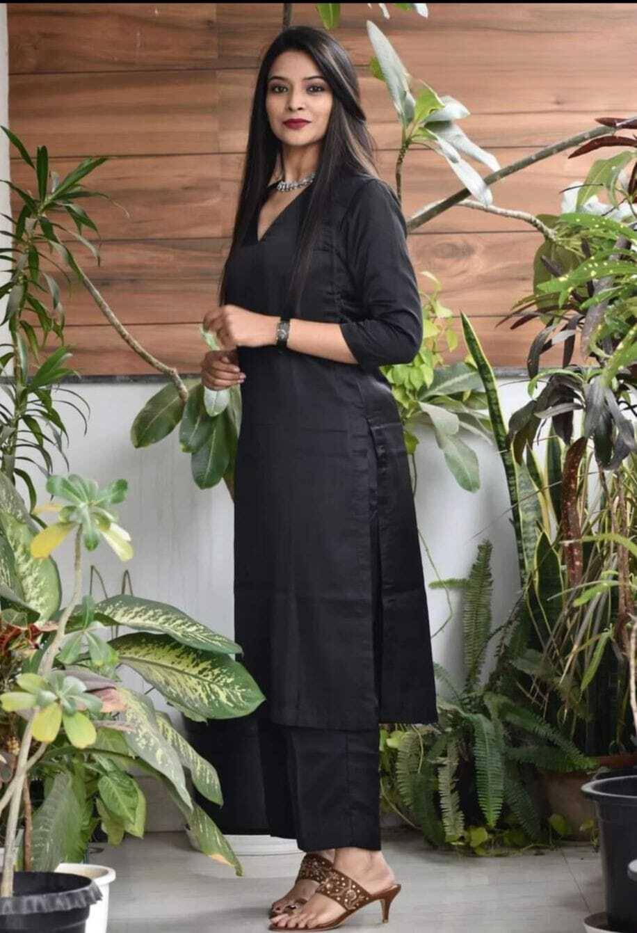     			Nirja Fab Rayon Solid Kurti With Pants Women's Stitched Salwar Suit - Black ( Pack of 1 )