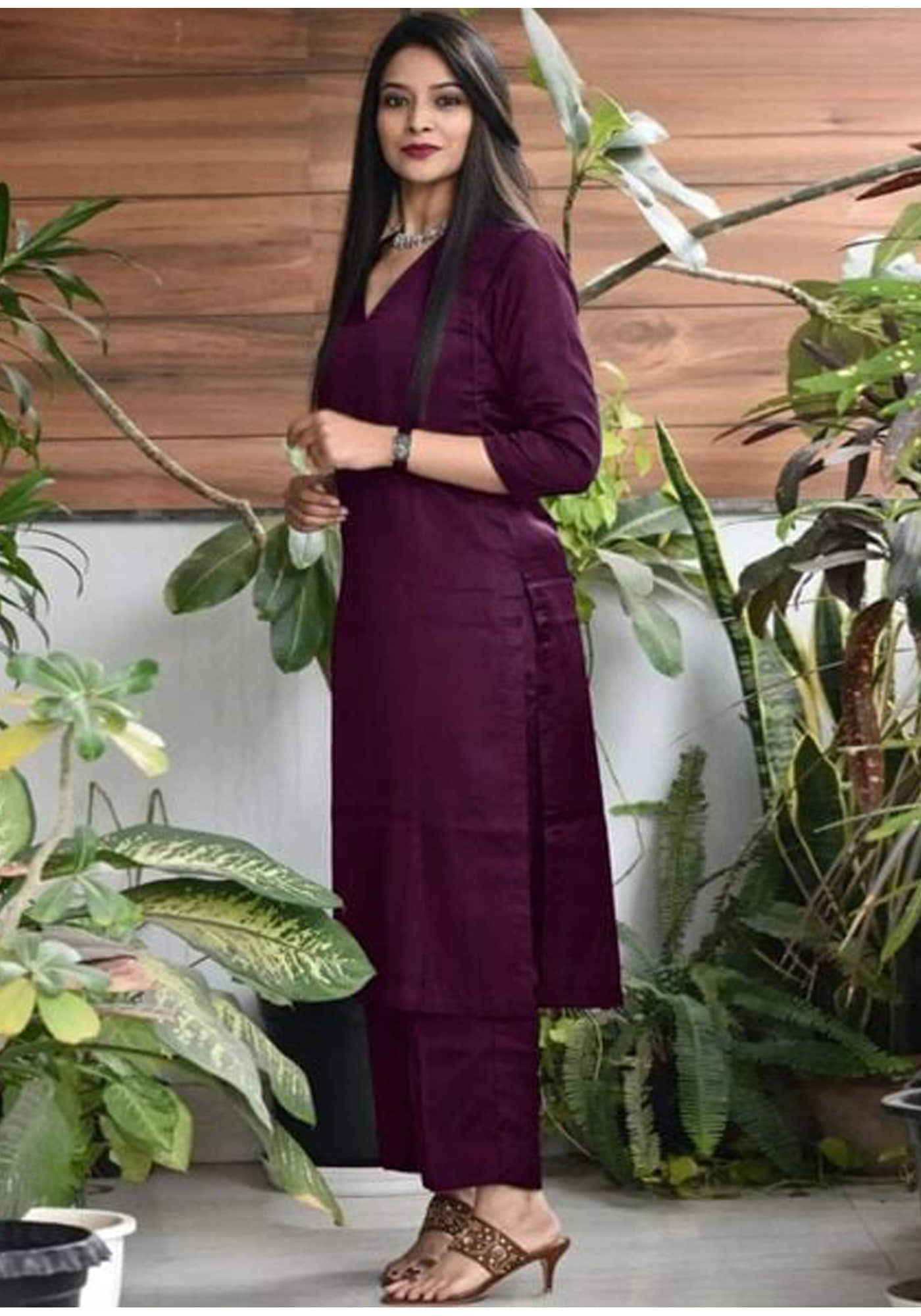 Nirja Fab Rayon Solid Kurti With Pants Women's Stitched Salwar Suit - Wine ( Pack of 1 )