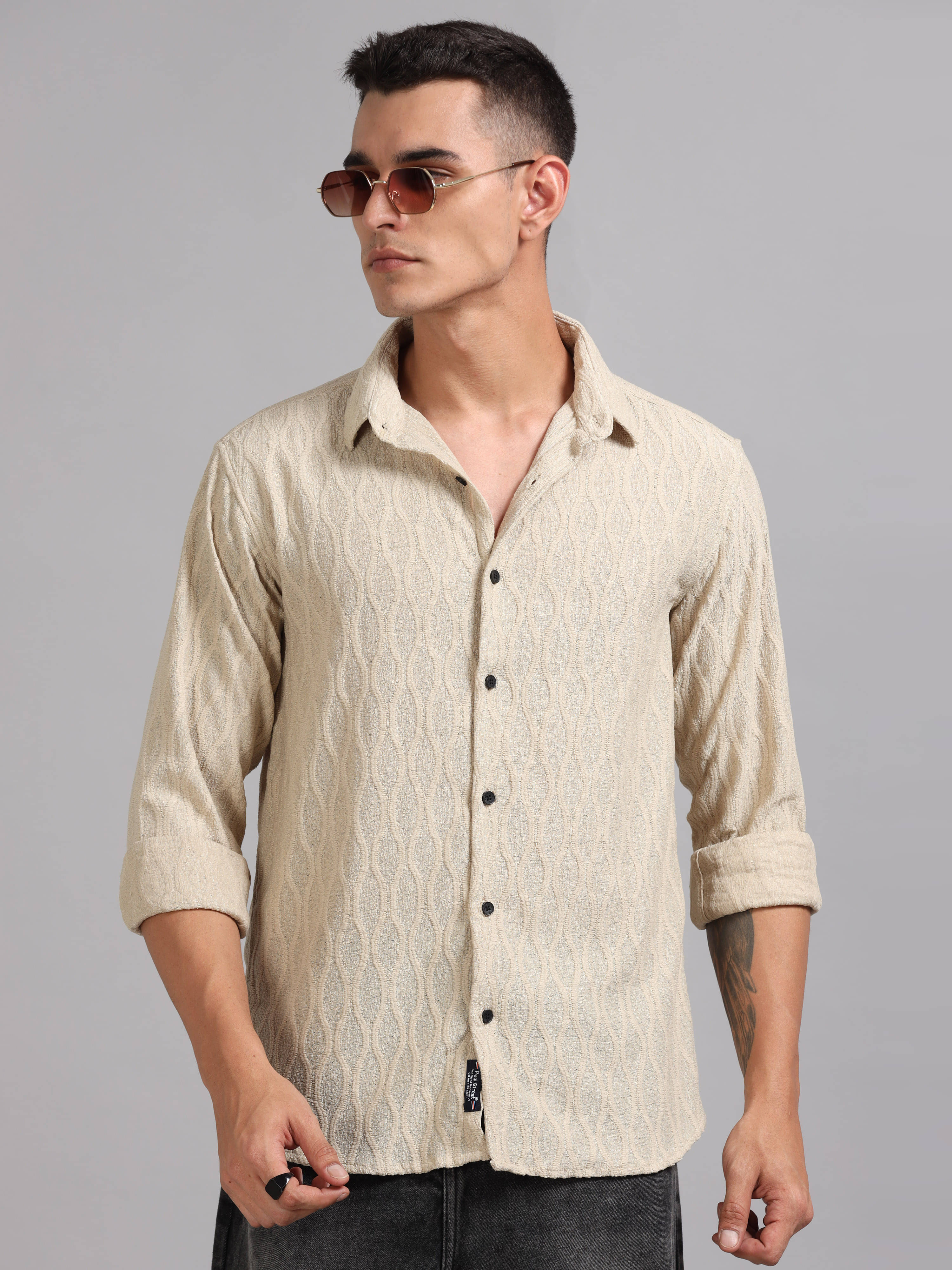     			Paul Street Polyester Slim Fit Self Design Full Sleeves Men's Casual Shirt - Beige ( Pack of 1 )