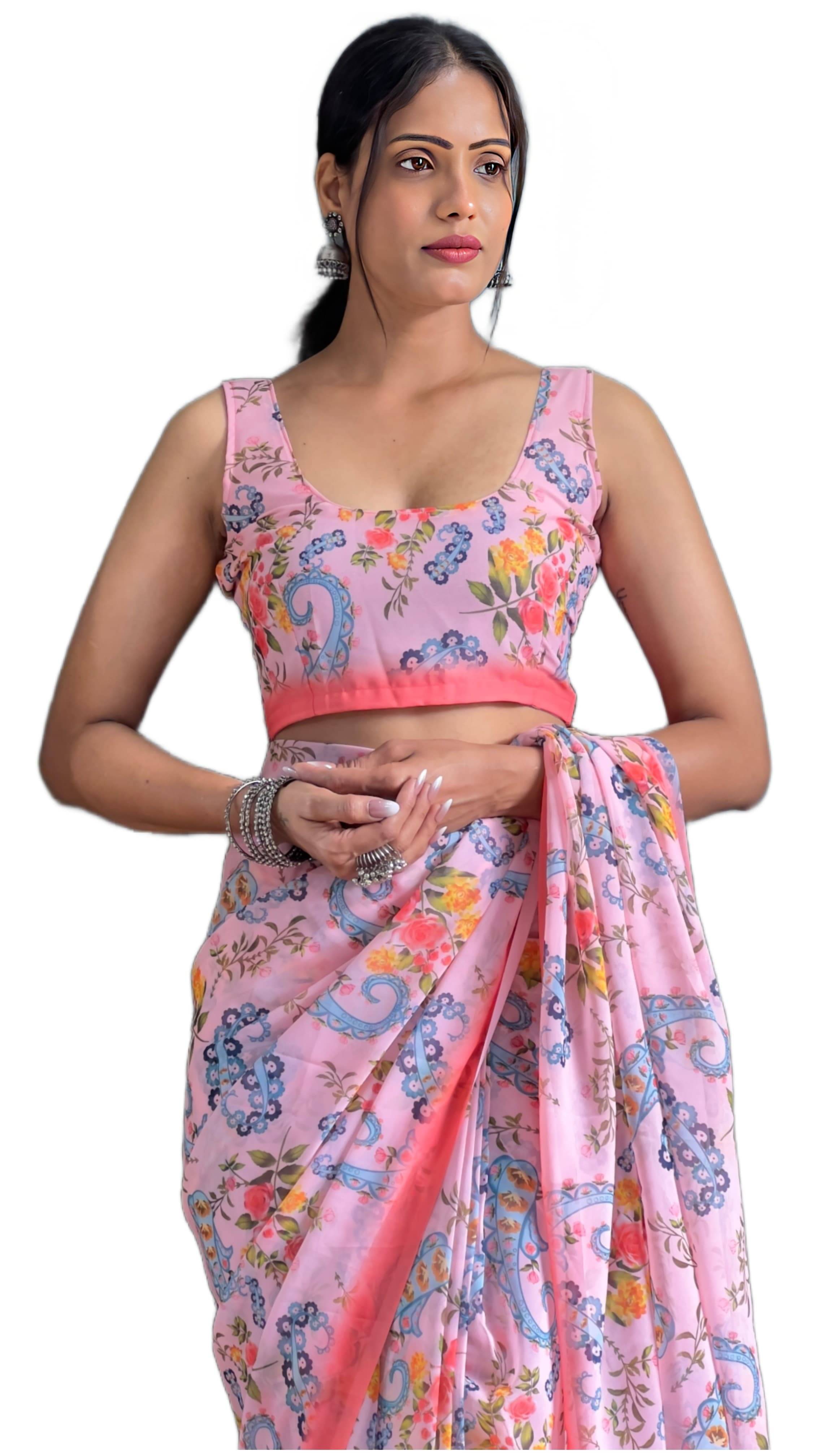     			Sidhidata Georgette Printed Ready to Wear Saree With Unstitched Blouse Piece ( Pink )