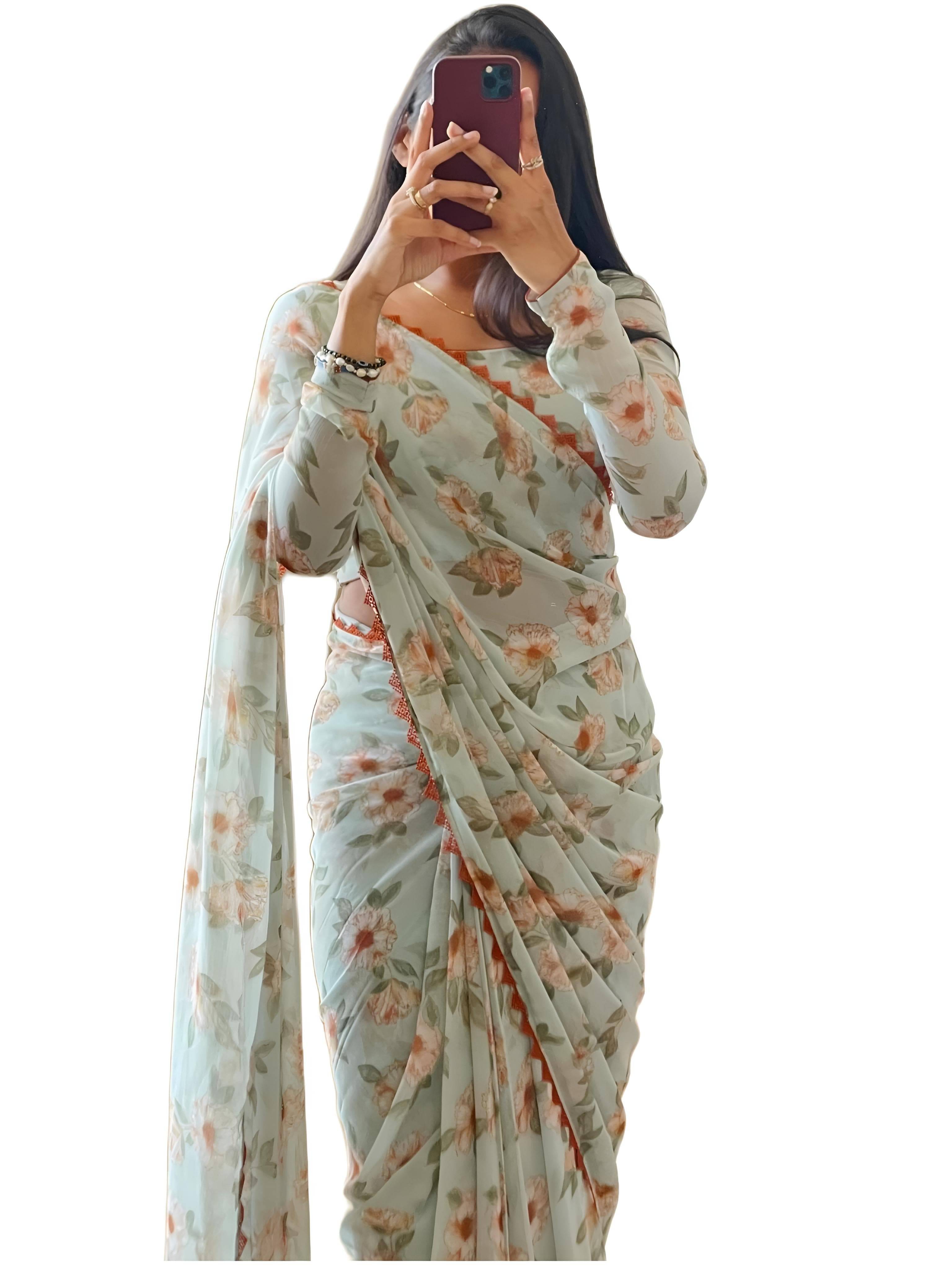     			Sidhidata Georgette Printed Ready to Wear Saree With Unstitched Blouse Piece ( LightBLue )