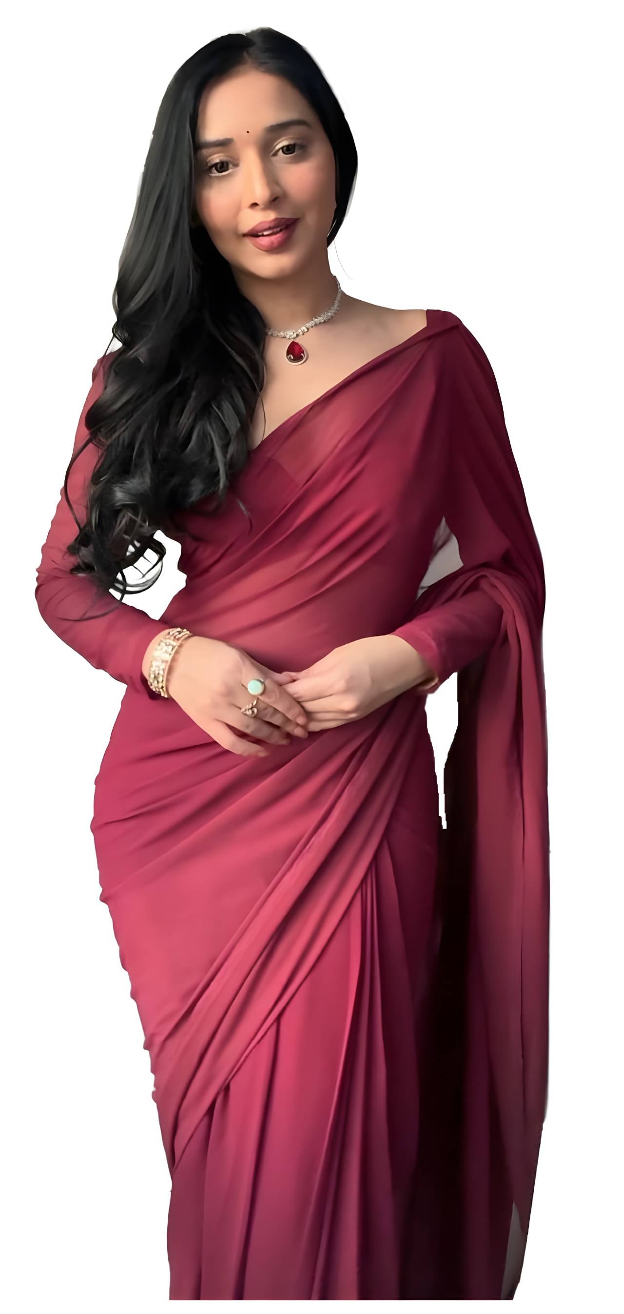 Sidhidata Georgette Solid Ready to Wear Saree With Unstitched Blouse Piece ( Maroon ) Sidhidata Georgette Solid Ready to Wear Saree With Unstitched Blouse Piece ( Maroon )