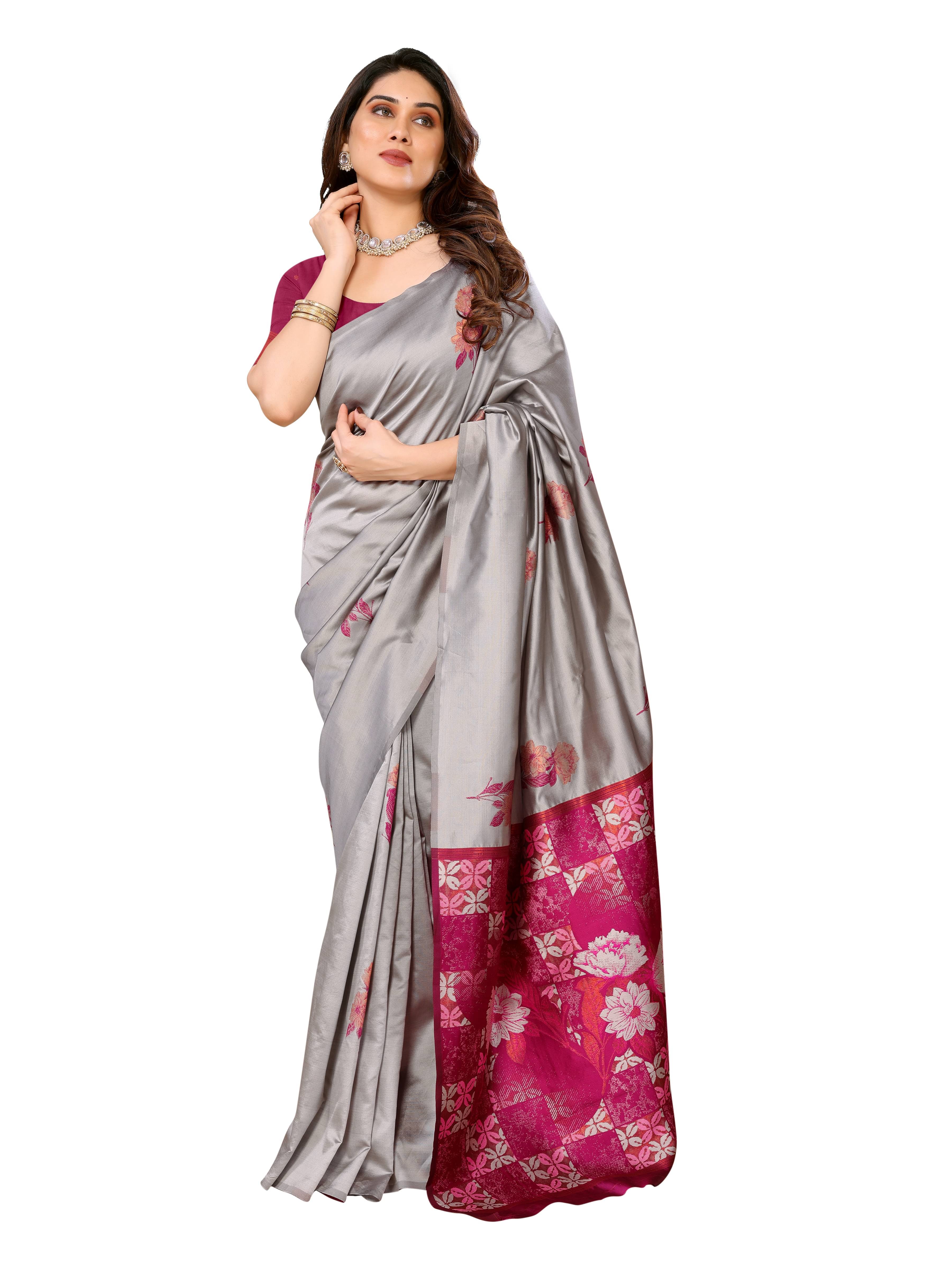     			Sidhidata Jacquard Printed Saree With Unstitched Blouse Piece ( Grey )